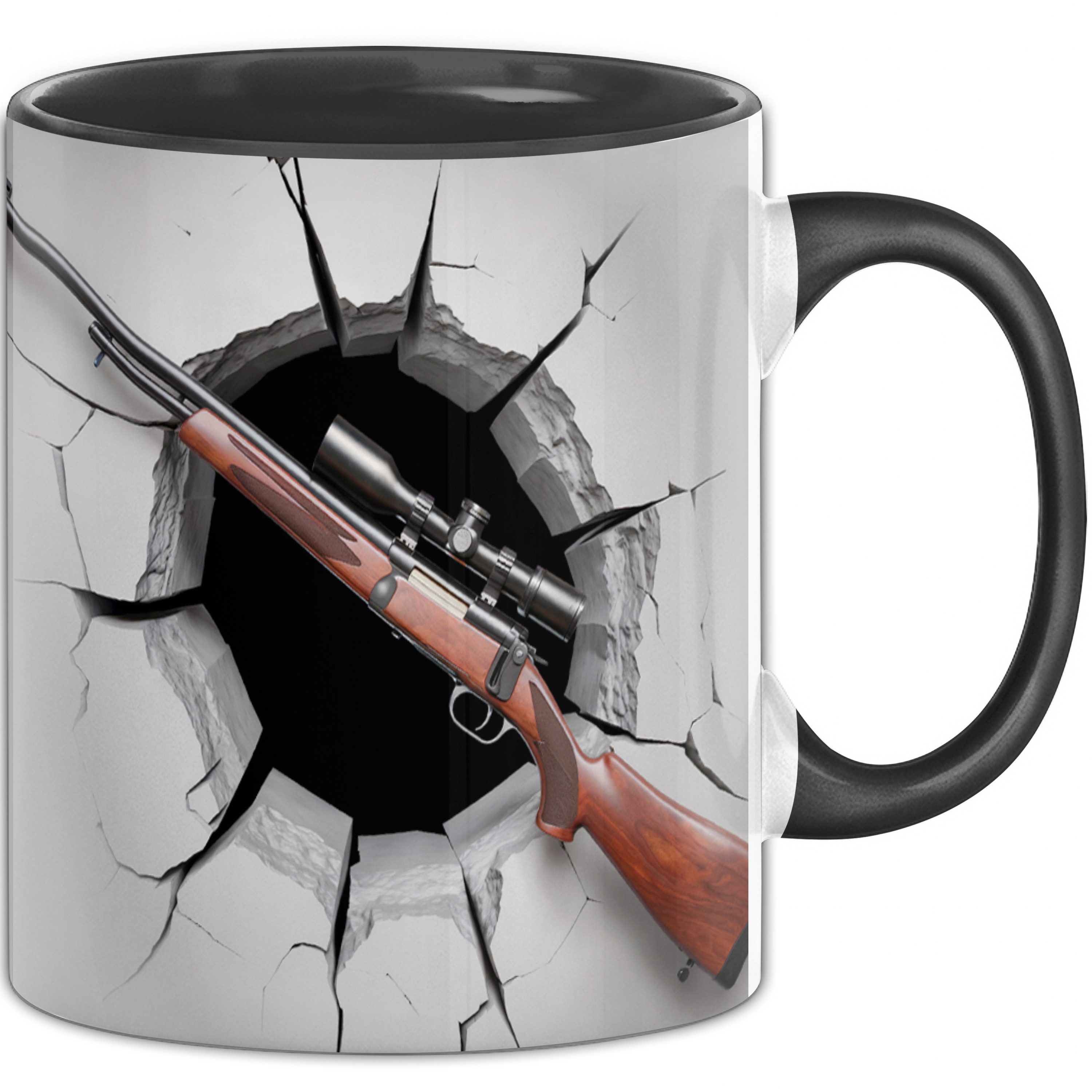 Trendation Tasse 3D Jagdgewehr Tasse Geschenk Jagdgewehr Durchbruch Wand Grafik Gesch