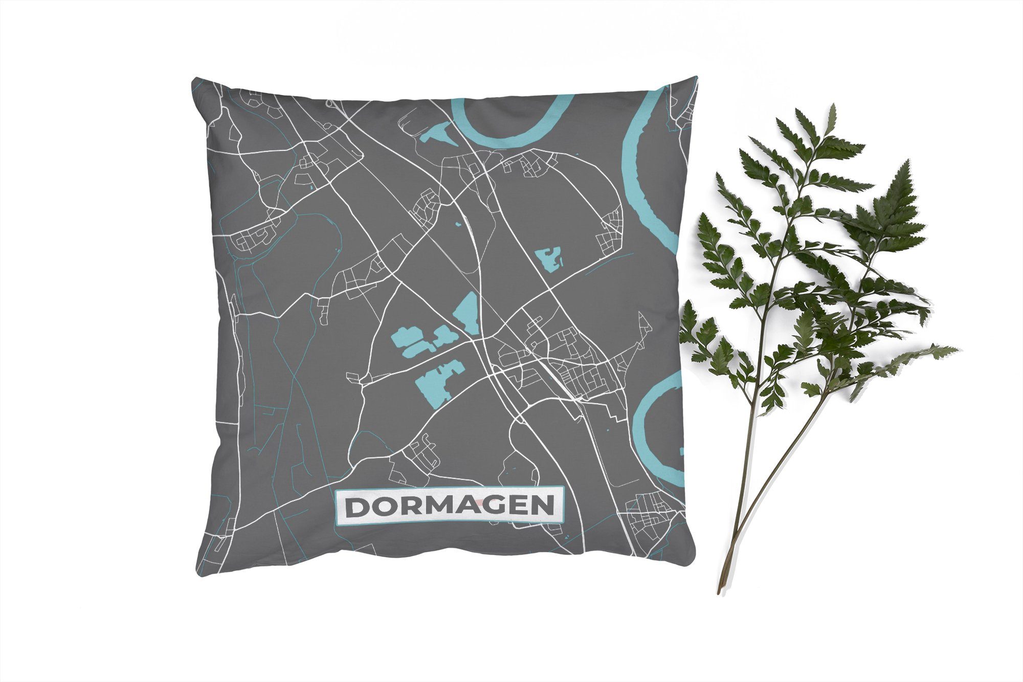 MuchoWow Dekokissen Karte - Karte von Dormagen - Deutschland - Blau, Zierkissen mit Füllung für Wohzimmer, Schlafzimmer, Deko, Sofakissen