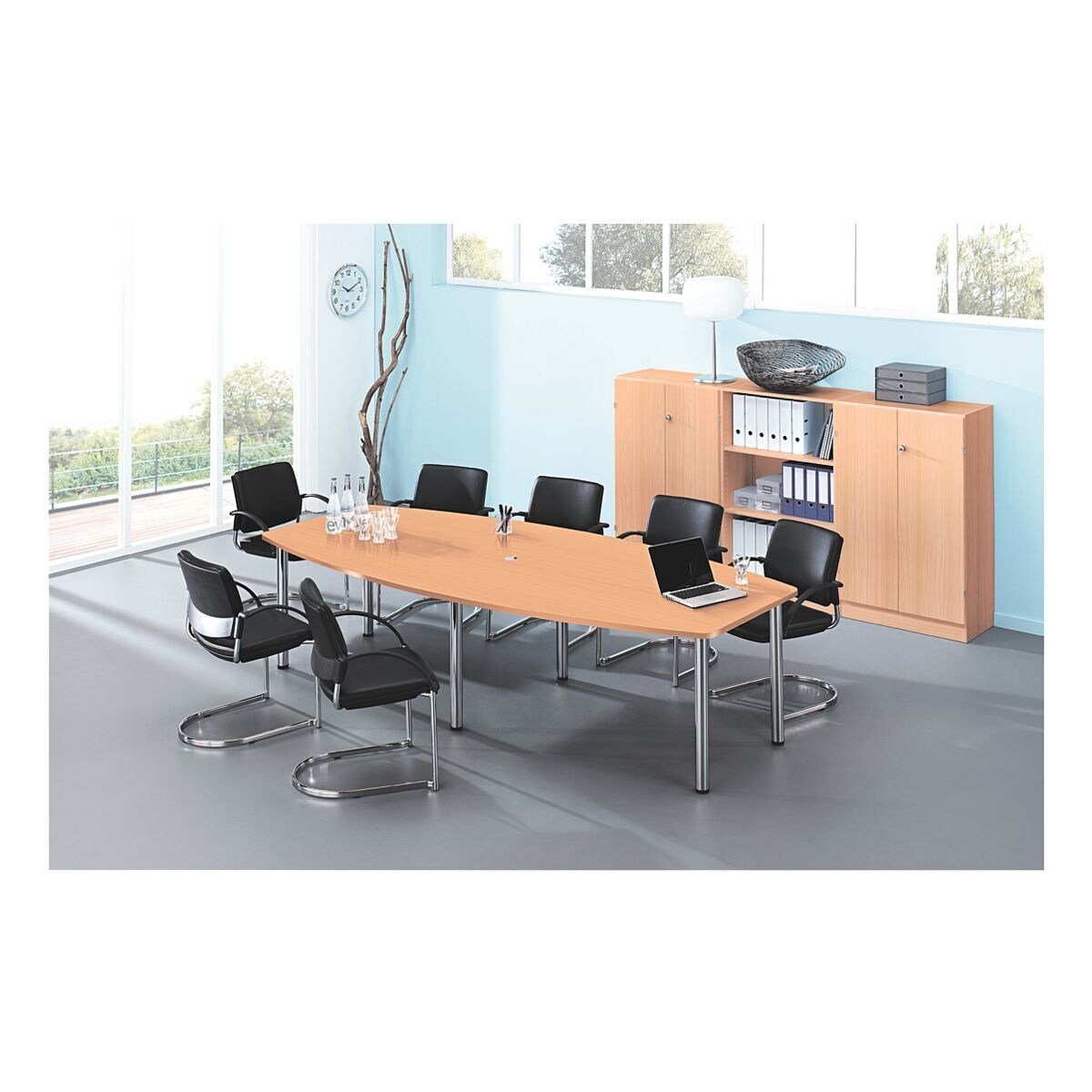 HAMMERBACHER Konferenztisch Chicago, B 280 cm, Tonnenform, bis 10 Personen, mit Tischbeinen / Kabeldose