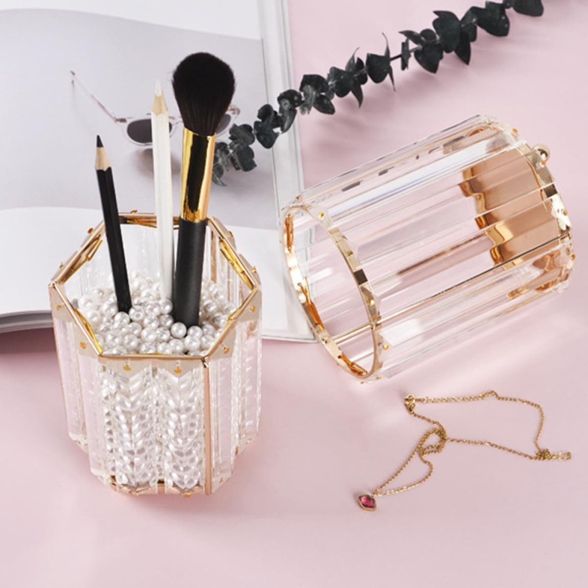 FELIXLEO Dekovase Glasvase Gold Sechseck Stiftehalter Make-up Büro Aufbewahrung (1 St) – Bild 2 von 5