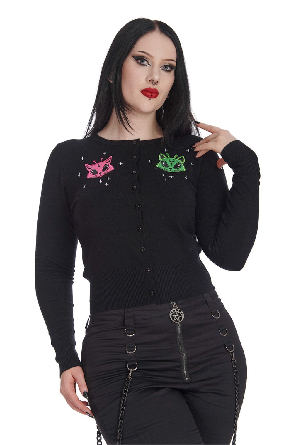 Banned Strickjacke Space Kitty Alien Katze Bestickt Rave Cardigan