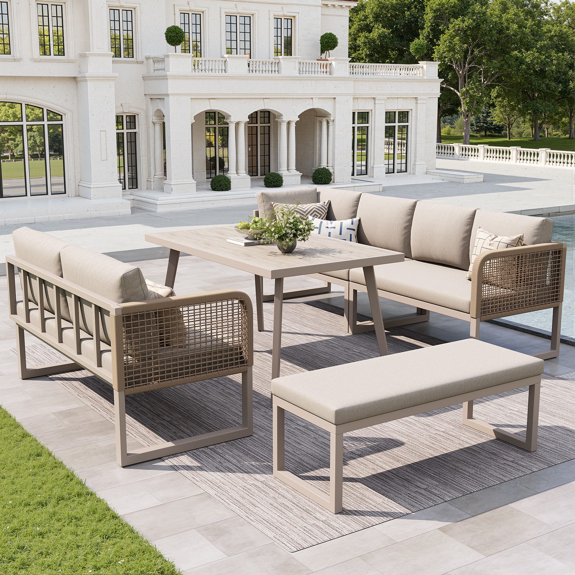 Merax Gartenlounge-Set Polyratten Terrassen-Lounge Set, (Wetterfestes Eckgarnitur Freie Kombination, 1-tlg), 8-Sitzer Gartenmöbel Set Sitzgruppe mit Sofa, Sessel, Hocker, Esstisch