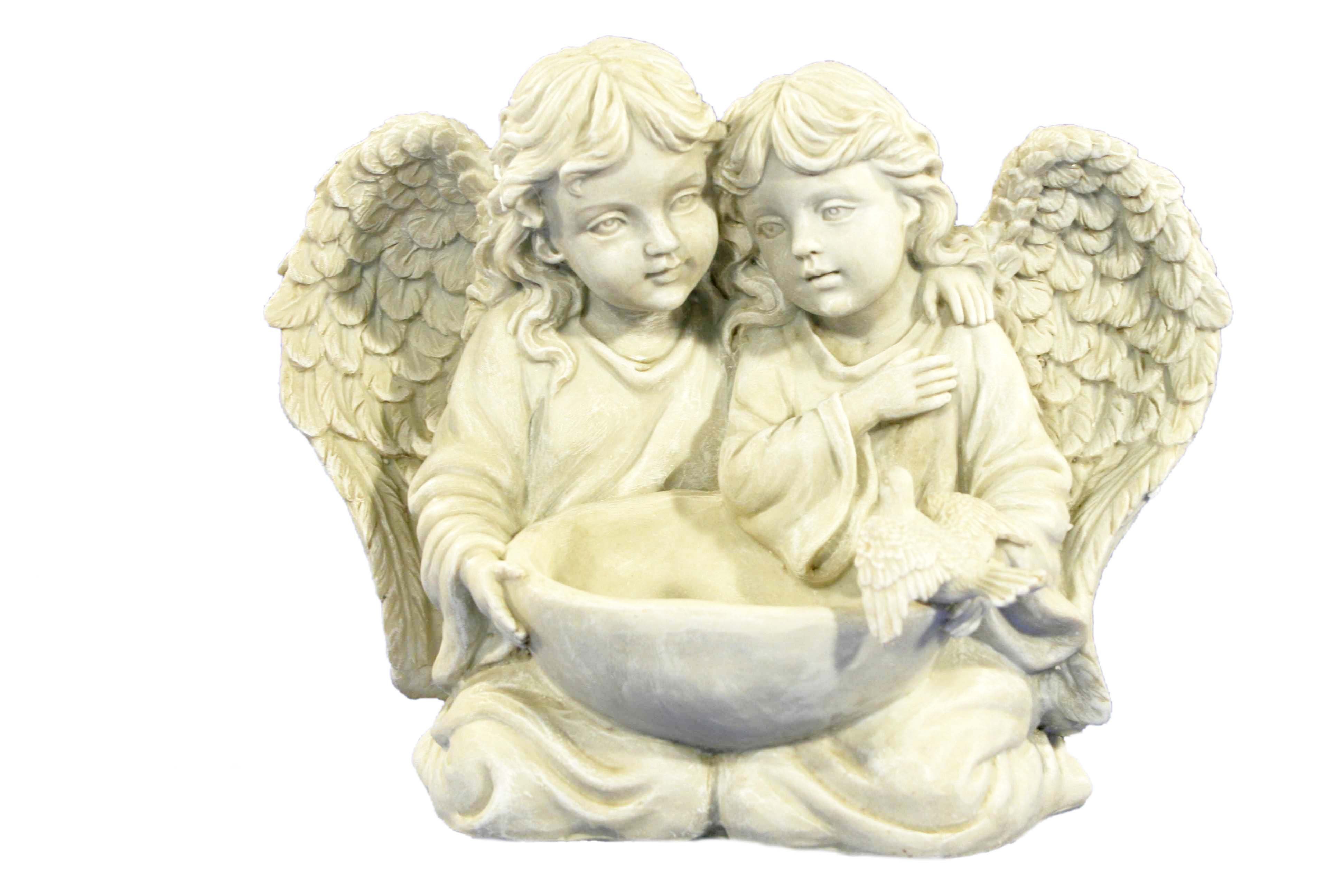 Engelfigur Engelpaar mit Vogeltränke und Taube