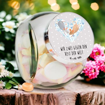 Mr. & Mrs. Panda Vorratsglas XL 2000ml Mäuse Herz - Grau Pastell - Geschenk, Küchenbehälter, Liebl, Premium Glas, (1-tlg), Stilvoll & Praktisch