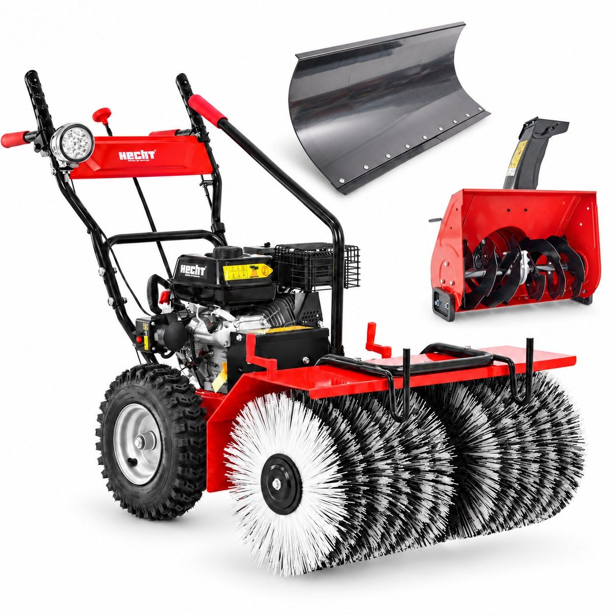 Hecht Benzin-Kehrmaschine 8680 SE Set 5 Benzin 80 cm mit Schneeschild 85 cm und Fräskopf, 80 cm Arbeitsbreite, (3-tlg), 6,5 PS, Elektrostart, LED-Scheinwerfer