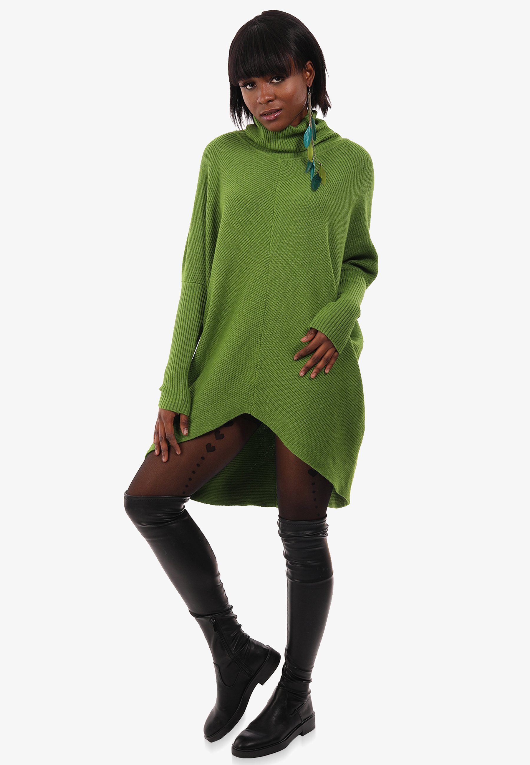 YC Fashion mit mit & überschnittenen Size (1-tlg) Rollkragen Longpullover asymmetrisch in Unifarbe, limegreen Style Schultern Strickpullover Plus
