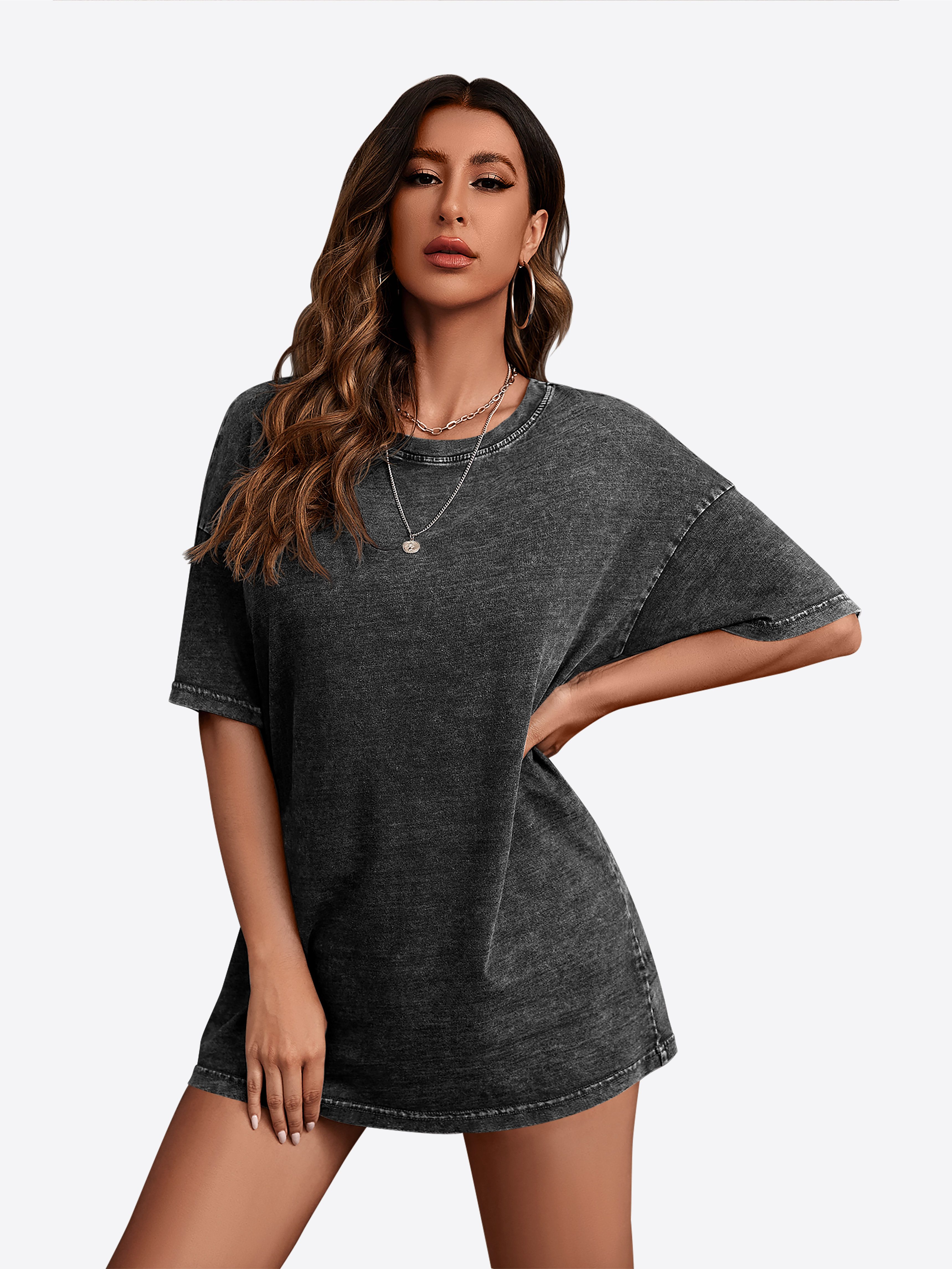 Imily Bela Kurzarmshirt Damen Oversize Vintage Rundhals aus Baumwolle Washed Sommer (Packung, 1-tlg., 1per-Pack) Halbarm in Unifarbe