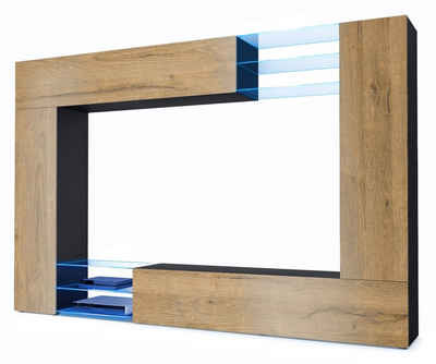 Vladon Wohnwand Mirage, (Anbauwand mit Rückwand mit 2 Türen, 4-St., 2 Klappen und 6 offenen Glasablagen), Schwarz matt/Eiche Natur, inkl. LED-Beleuchtung (262 x 183 x 39 cm)