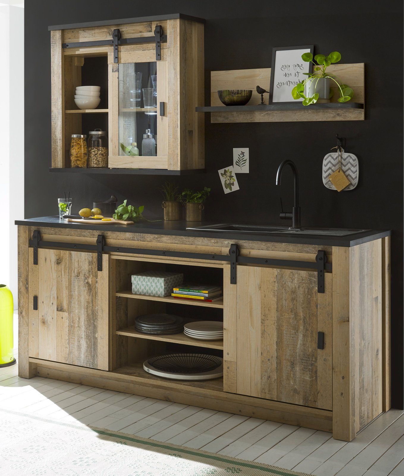 (Küche Küchenbuffet Used mit in IMV 7-teilig) Wood, Stove Schrank-Set Soft-Close, Inselschrank inklusive