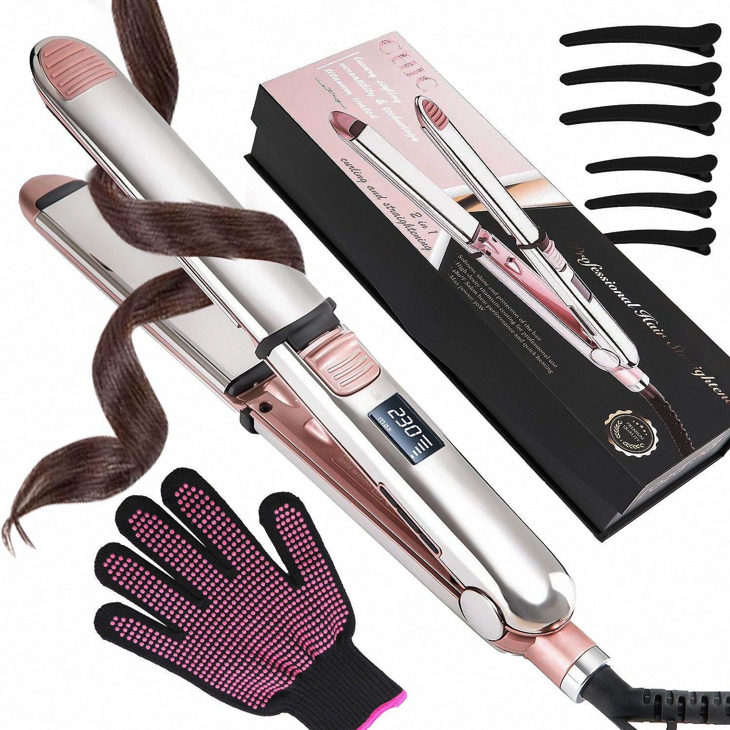 MOPUEA Выпрямитель для волос Haarglätter Pro-Ion Straight Straight & Curl Brilliance, mit Handschuh Titanplatten, Auto-Off, einfach und schnell, 5 Temperatureinstellungen, für Locken, Wellen & zum Glätten