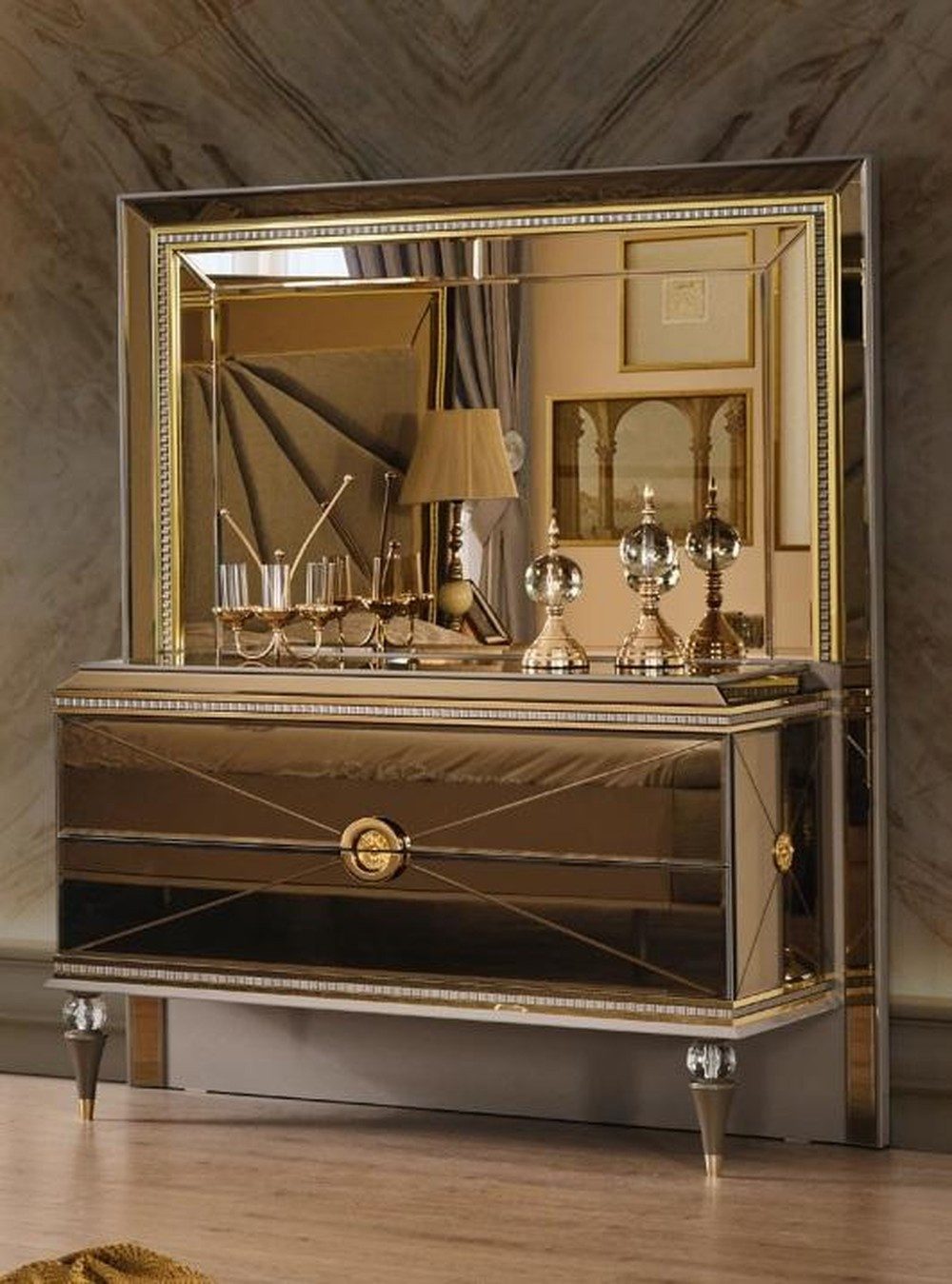 JVmoebel Schminktisch Eleganter Holz-Schminktisch in Gold mit Spiegel und Schubladen (1-St., 1x Schminktisch), Made in Europa