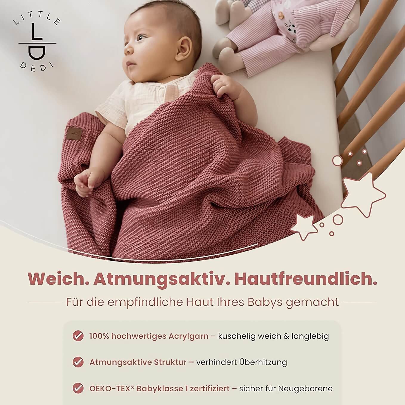 Babydecke Baby Strickdecke, Babydecke, Weich & Atmungsaktiv, 80x100cm, Rosa, Little Dedi – Bild 2 von 5