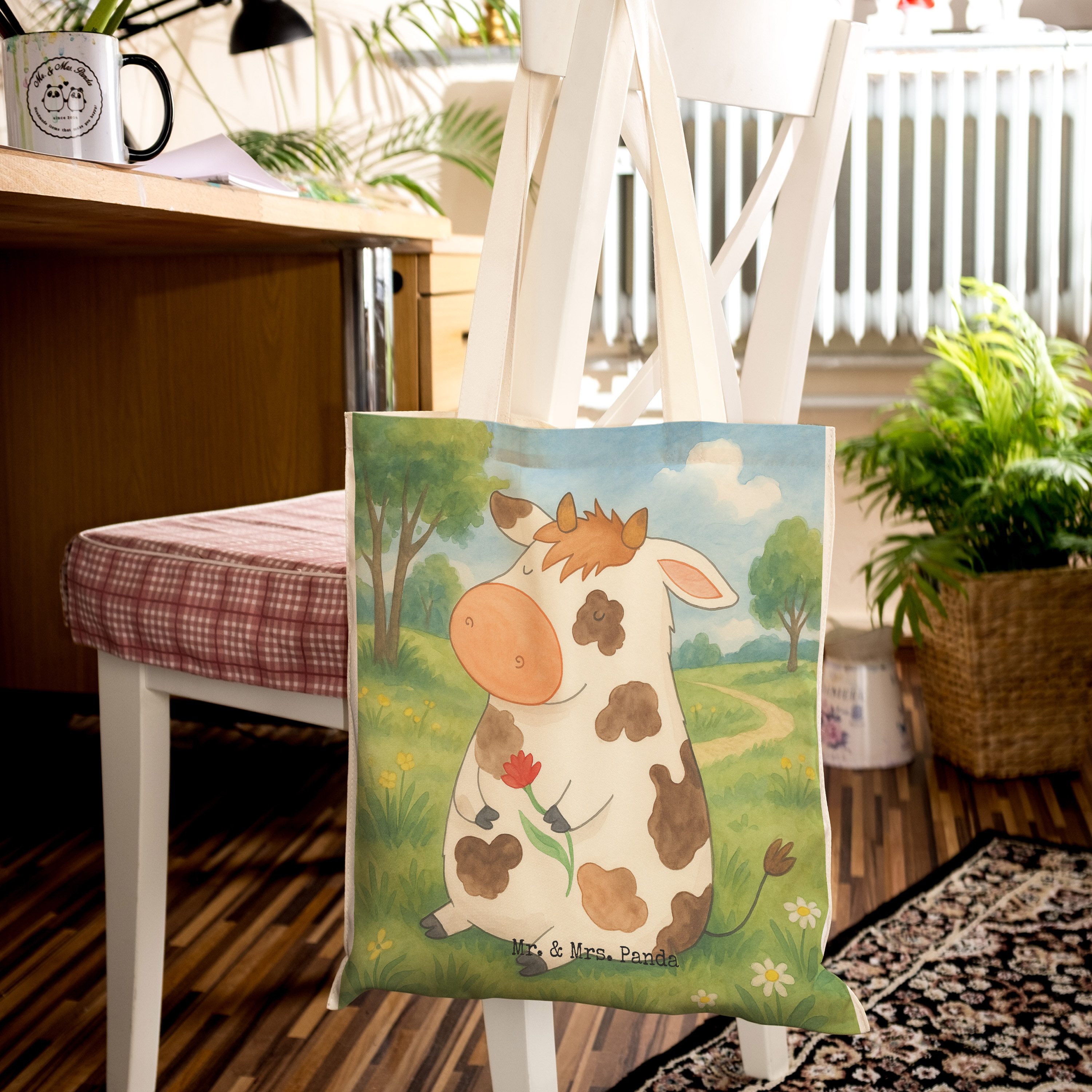 Mr. & Mrs. Panda Tragetasche Kuh Design, Stofftragetasche, Weiß, Tragetasche, Beuteltasche, Bauern (Packung), Tasche Bauernhof Tragetasche
