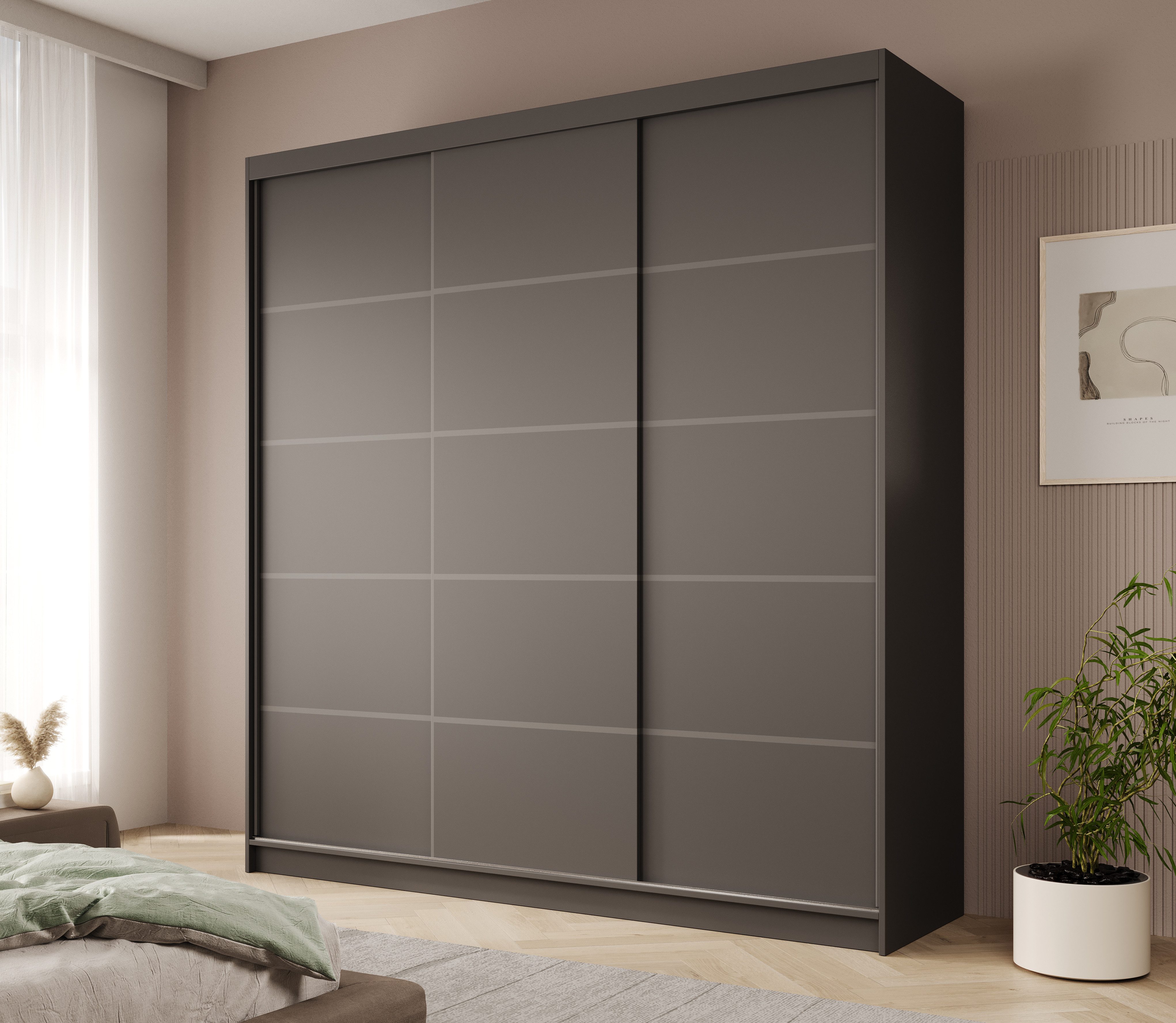 MOEBLO Schiebetürenschrank Tagra 200 (3 Türen, 11 Einlegeböden, Kleiderstange, Laminat, Modernes Design, Schwebetürenschrank Schrank Garderobe Schiebtüren Schlafzimmer) (BxHxT): 200x215x58cm