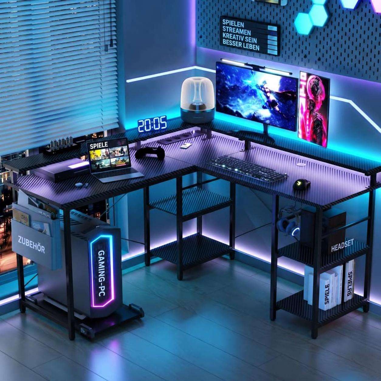 Aiorber Computertisch Aiorber-Cabrio L-Schreibtisch Schwarz mit RGB LED und Stauraum, L-förmig, umkehrbarer Aufbau, Monitorständer, Kopfhörerhaken – Bild 4 von 5