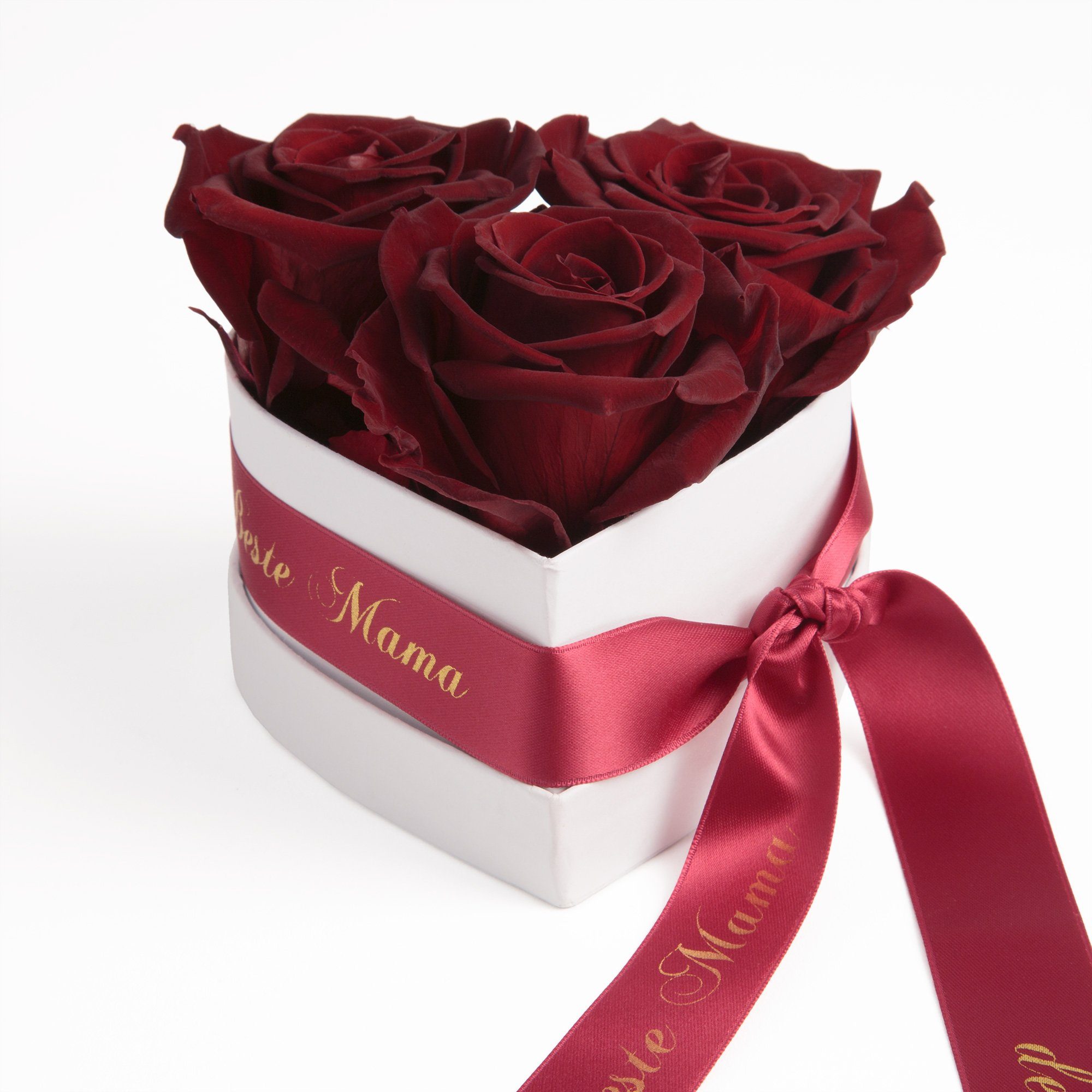 Kunstblume Rosenbox Herz 3 Infinity Rosen für die Beste Mama der Welt Geschenk Rose, ROSEMARIE SCHULZ Heidelberg, Höhe 10 cm, echte Blumen haltbar 3 Jahre Burgundy
