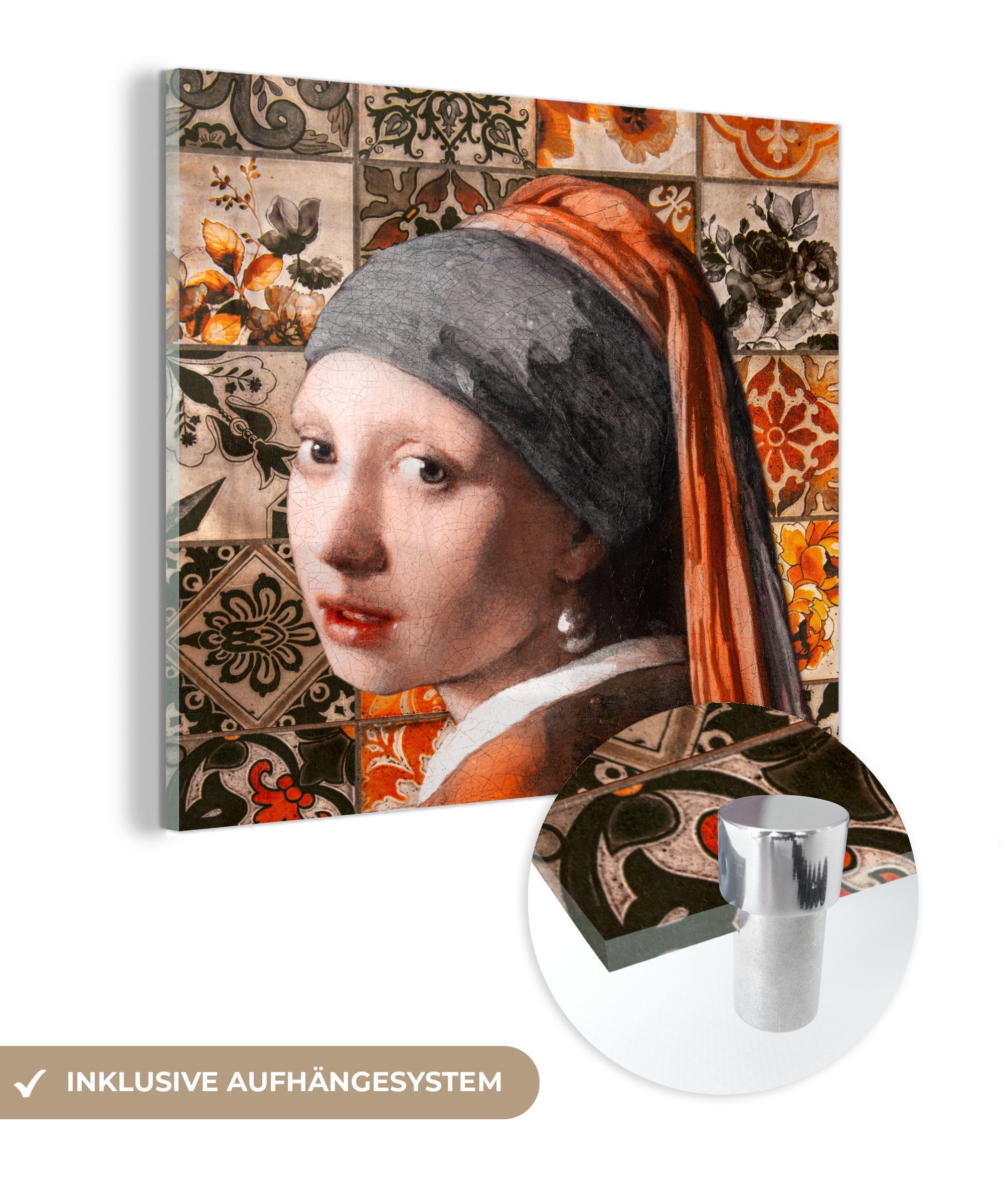 MuchoWow Acrylglasbild Das Mädchen mit dem Perlenohrring - Kacheln - Orange - Schwarz, (1 St), Glasbilder - Bilder auf Glas Wandbild - Foto auf Glas - Wanddekoration