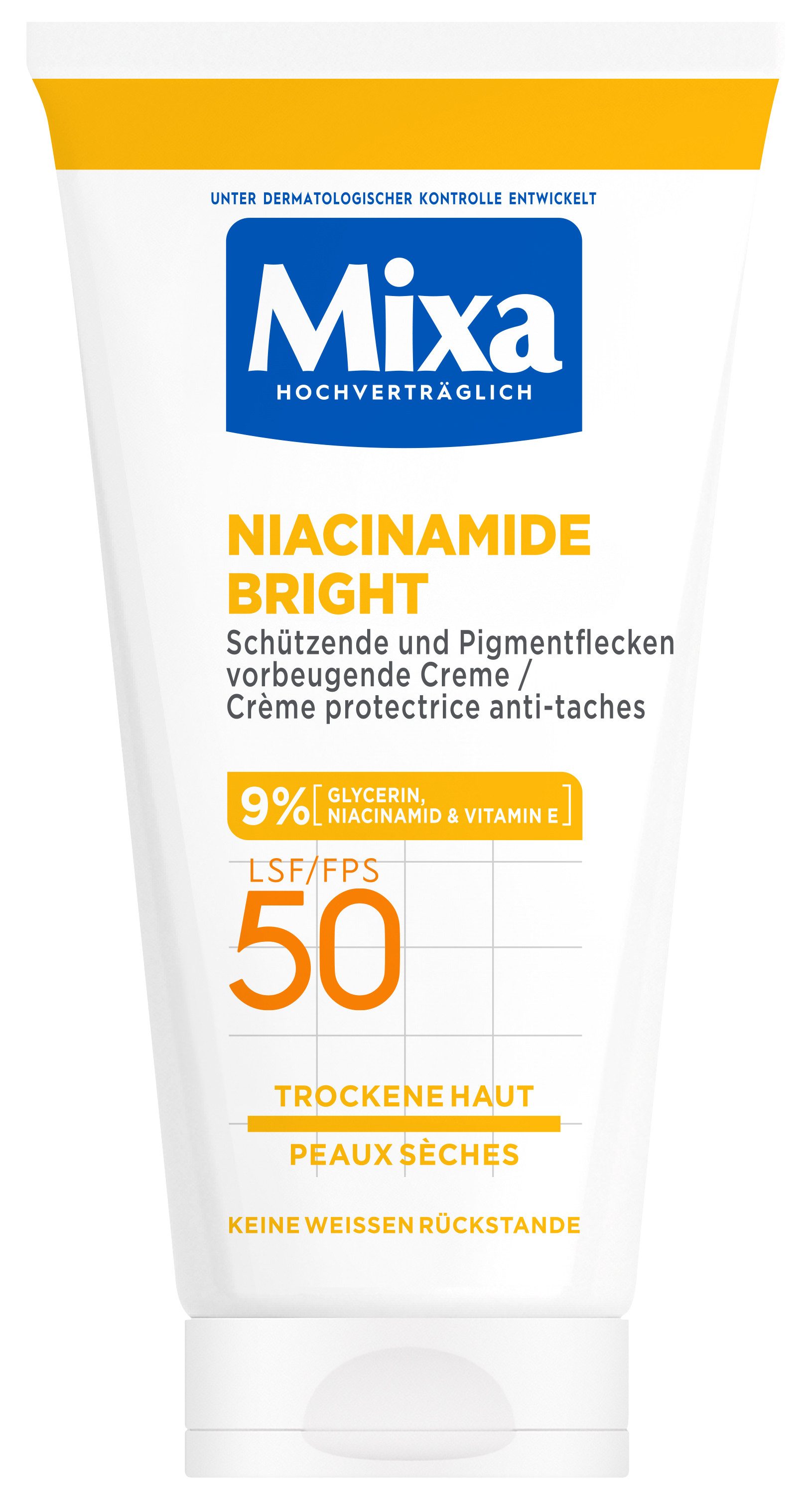 Mixa Körpercreme Mixa Niacinamide Bright Creme LSF 50, Mildert sonnenbedingte Pigmentflecken, versorgt trockene Haut.