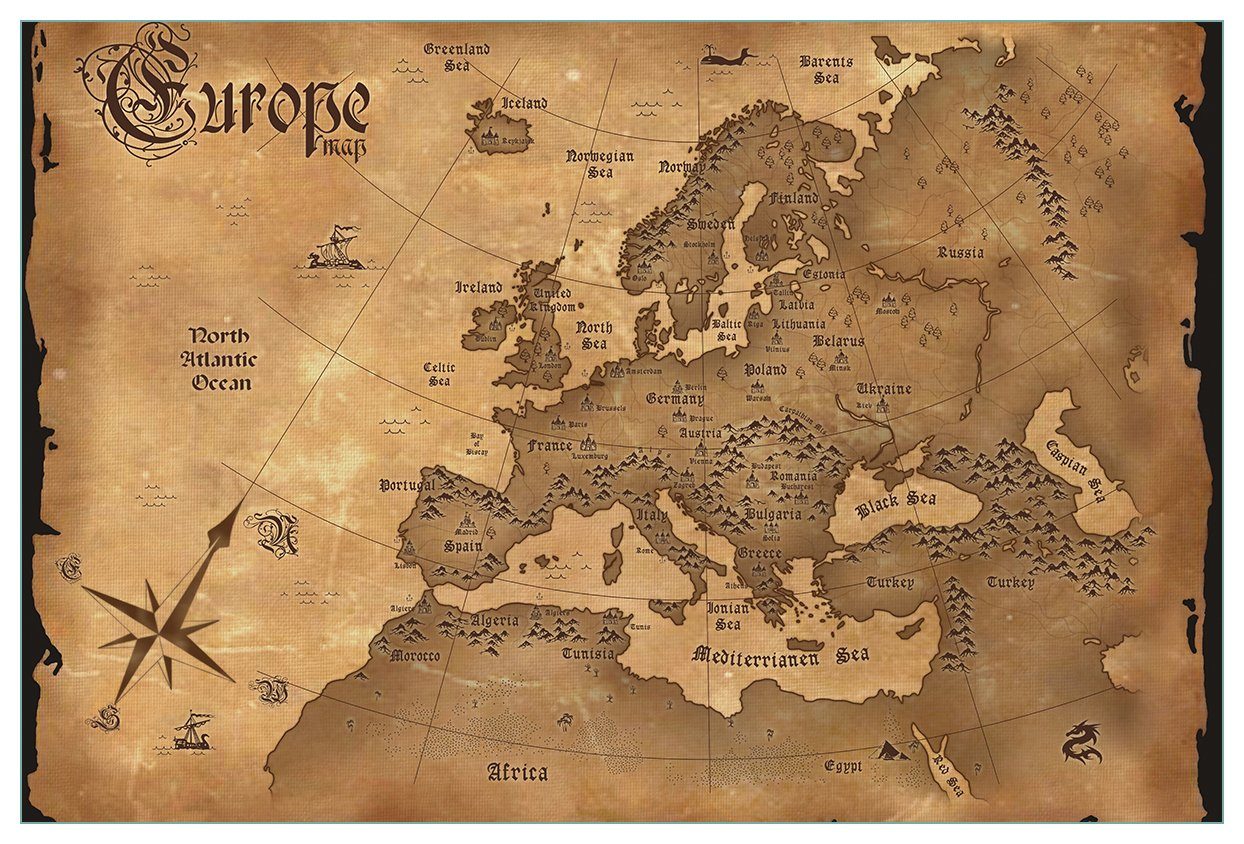 Wallario Küchenrückwand Alte Weltkarte Karte von Europa in englisch, (1-tlg)