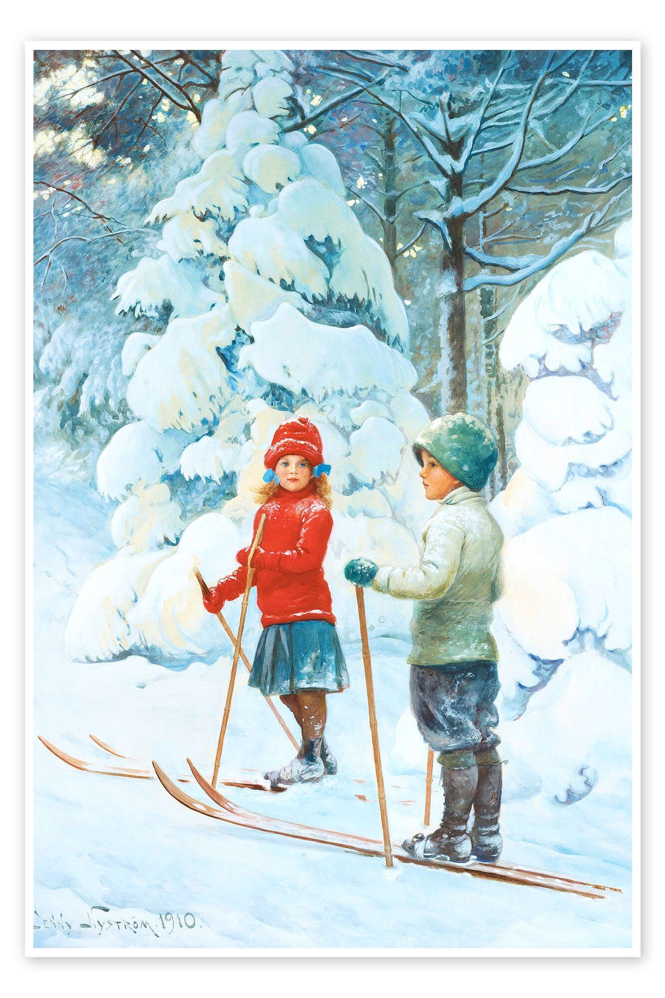 Posterlounge Poster Jenny Nyström, Kinder beim Skifahren, Malerei