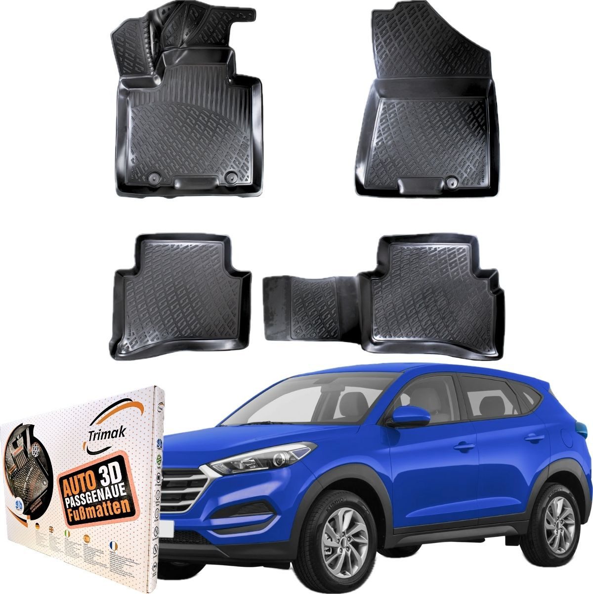 Trimak Passform-Fußmatten Oder Kofferraumwanne Oder Set für Hyundai Tucson, Hyundai Tucson 3. Gen. 2015-2020 Gummimatten Auto TPE Allwetter