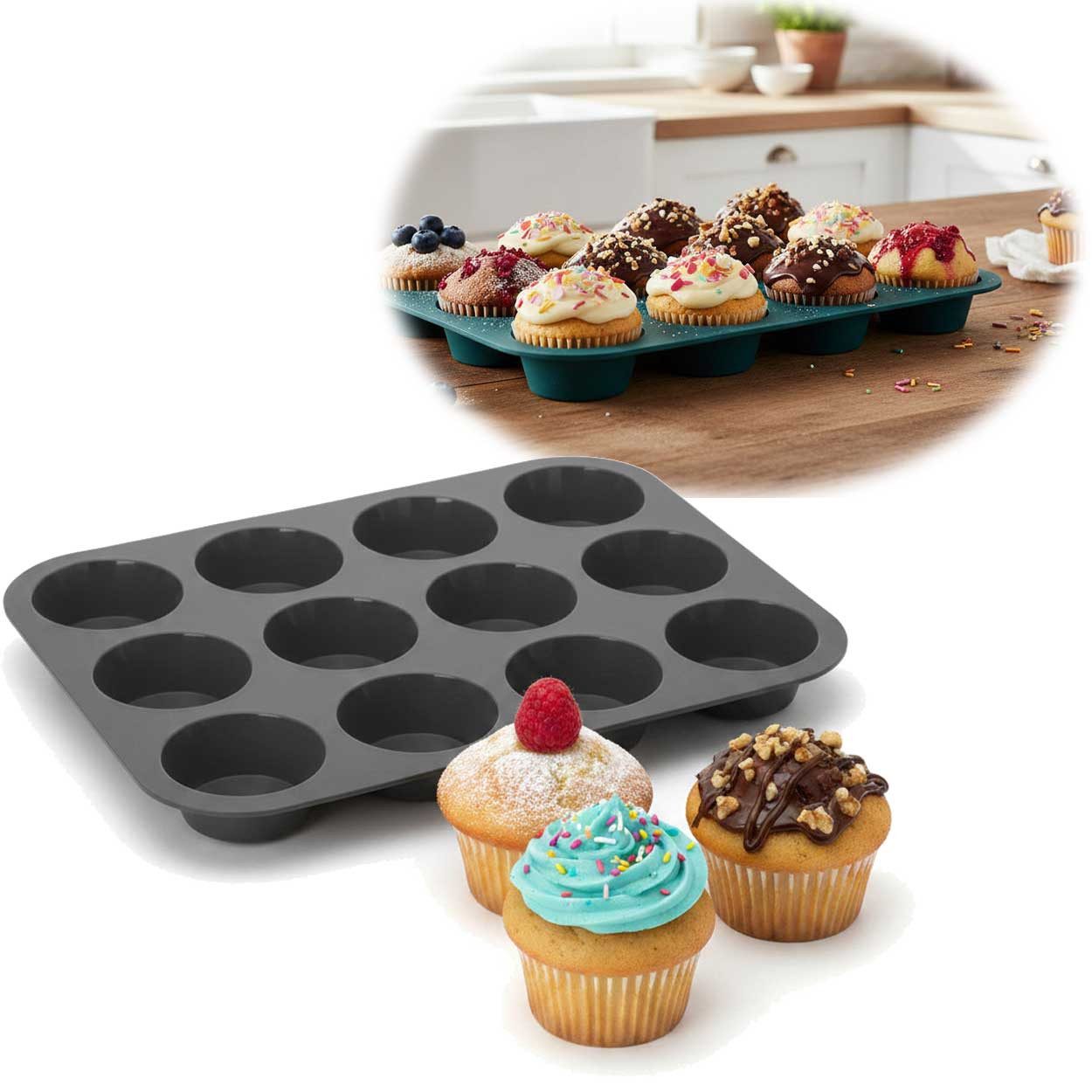 LS-LebenStil Muffinform Silikon Backform 33x25cm für 12 Muffins Muffinblech Cupcake Backmatte, (ideal auch für Brownie, Sorbet, Eis, Pudding 1-tlg), Antihaft Kuchenform, Mikrowellengeeignet, Geschirrspüler geeignet