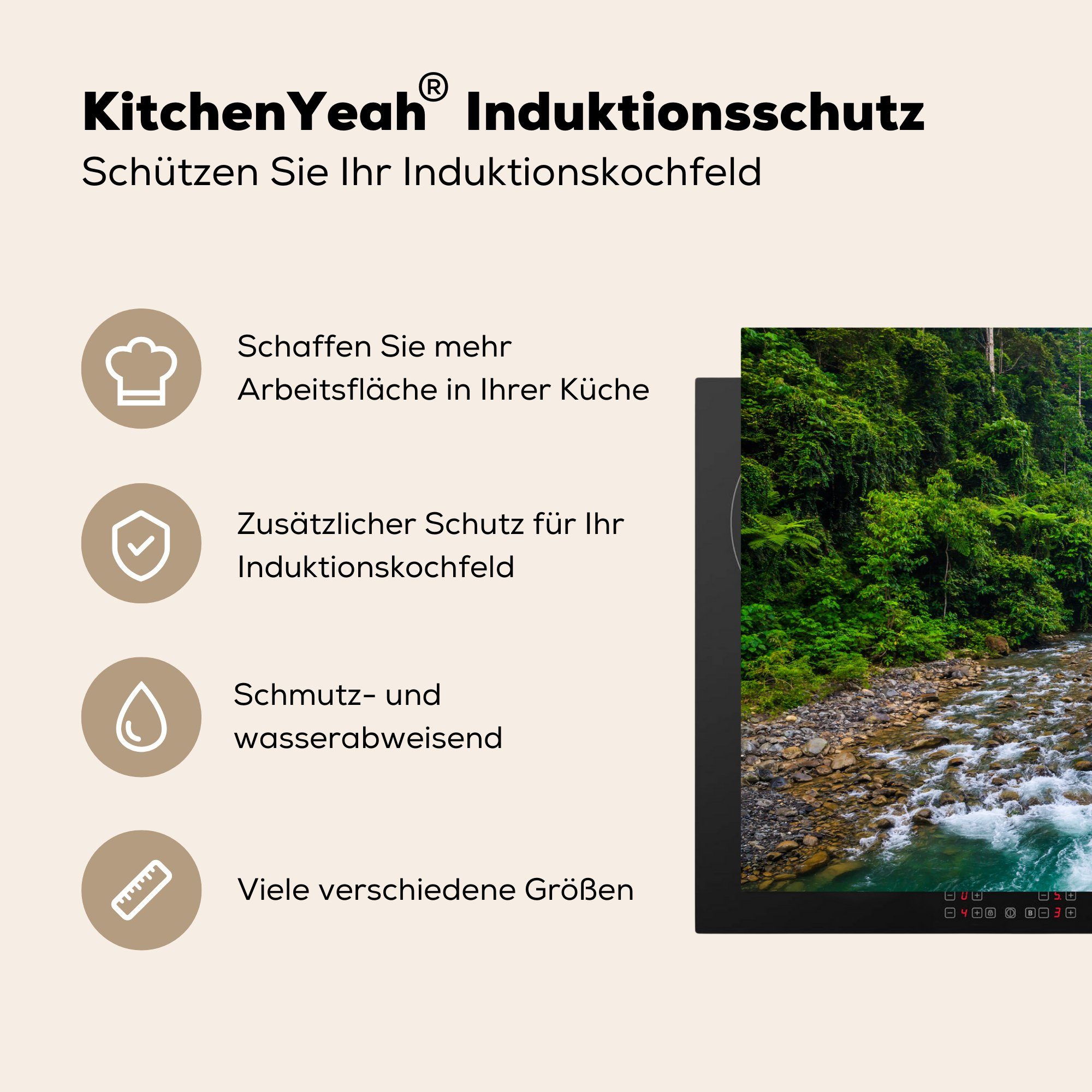 Vinyl, Indonesien, cm, Herdblende-/Abdeckplatte Induktionskochfeld Gunung in für Schutz durch die (1 den Leuser Fluss tlg), MuchoWow 81x52 küche, Ceranfeldabdeckung Park National