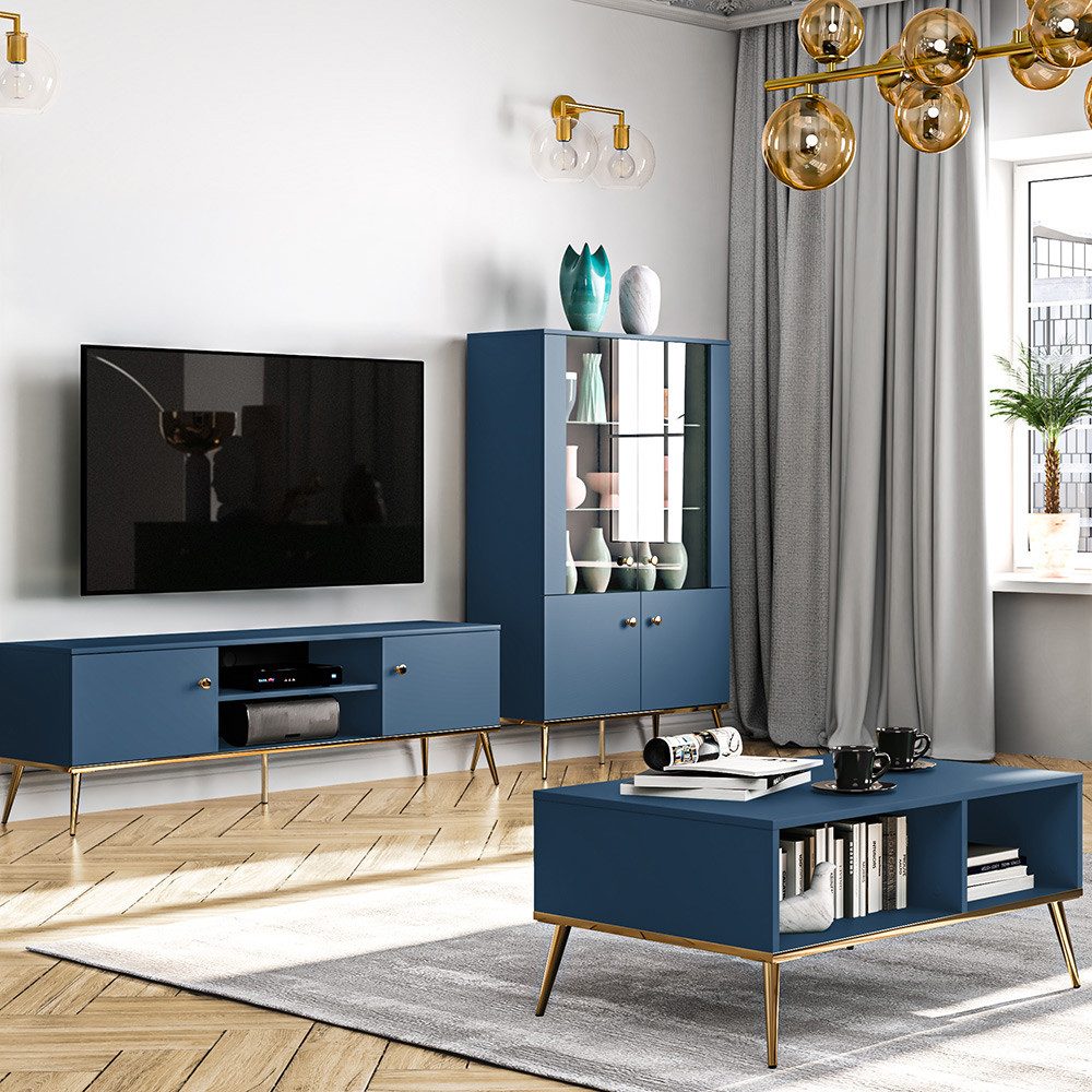 Lomadox Wohnwand MONTPELLIER-131, (3-St), dunkelblau, LED-Beleuchtung, Füße & Griffe goldfarben, mit Couchtisch