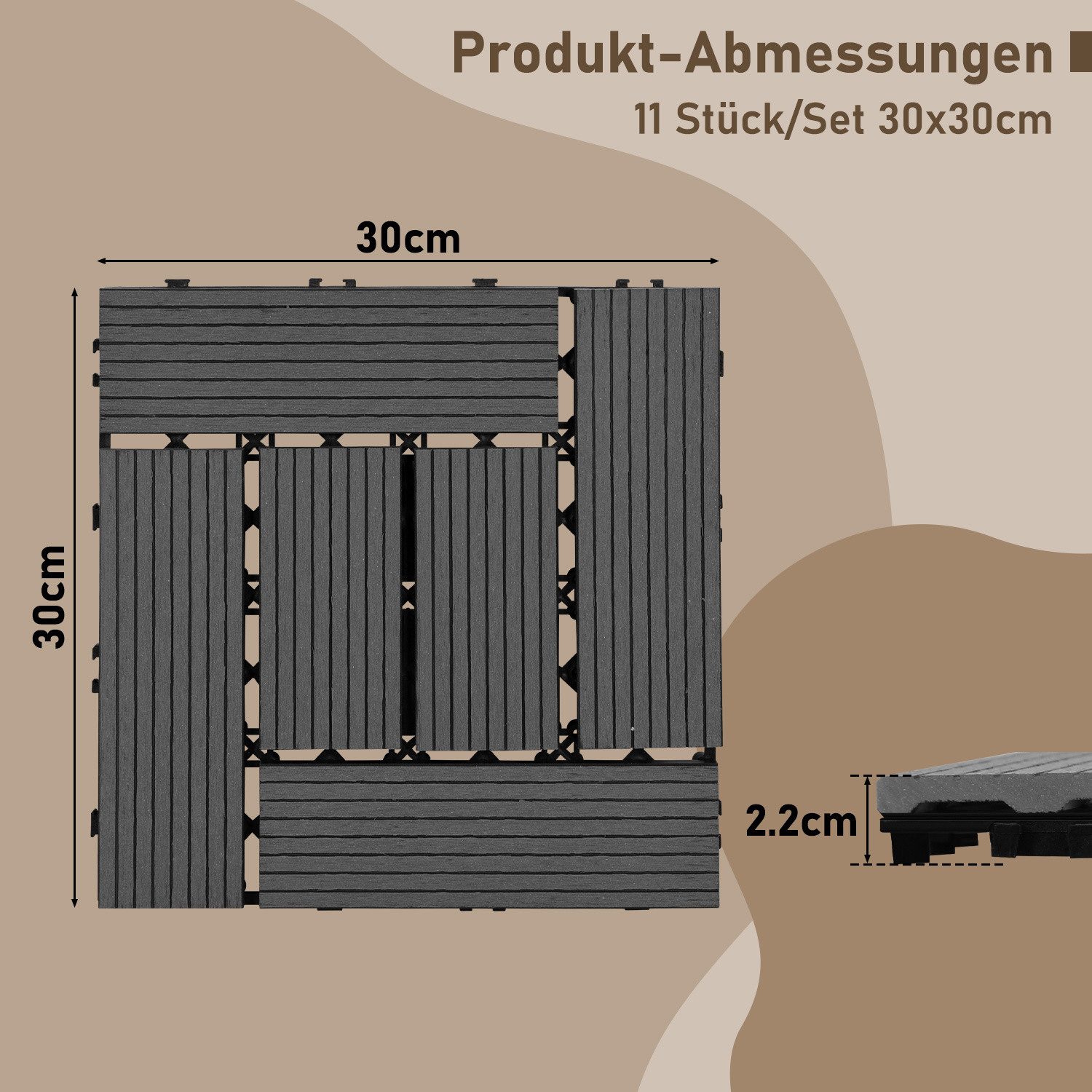 Clanmacy Terrassendielen WPC Terrassenfliesen in Holzoptik Garten Balkon mit Drainagensystem, (33-St)