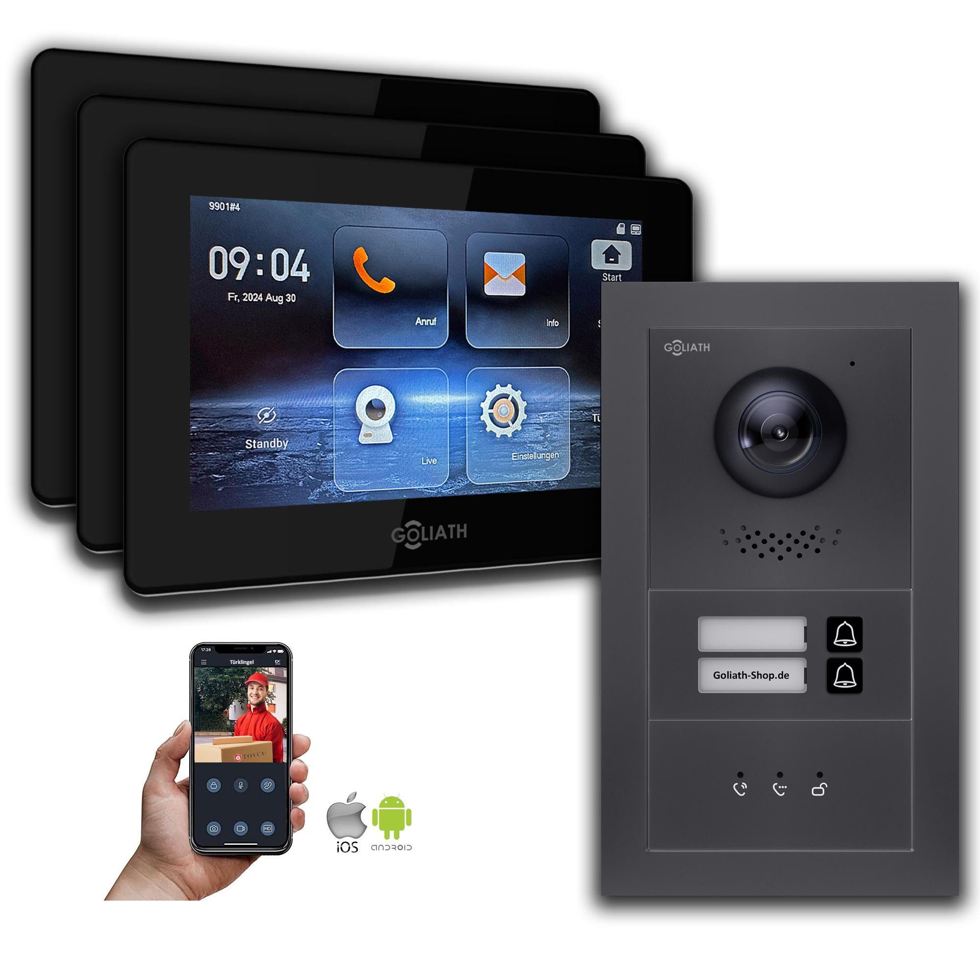Goliath Intercom Video-Türsprechanlage Goliath IP Video Türsprechanlage: 7-Zoll 3 Monitore 2 Fam., Anzeige, A (Privat oder Gewerblich)