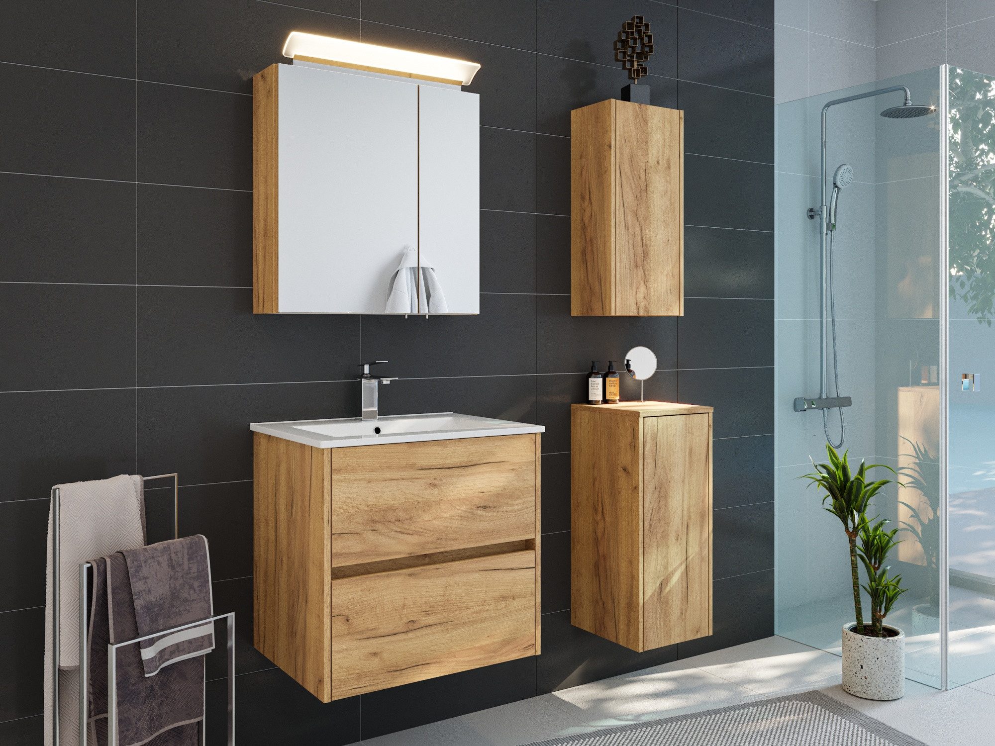 Magnolia Home Badmöbel-Set Badmöbelset Taifun 60cm 4tlg mit Spiegelschrank & 2x Badschrank eiche
