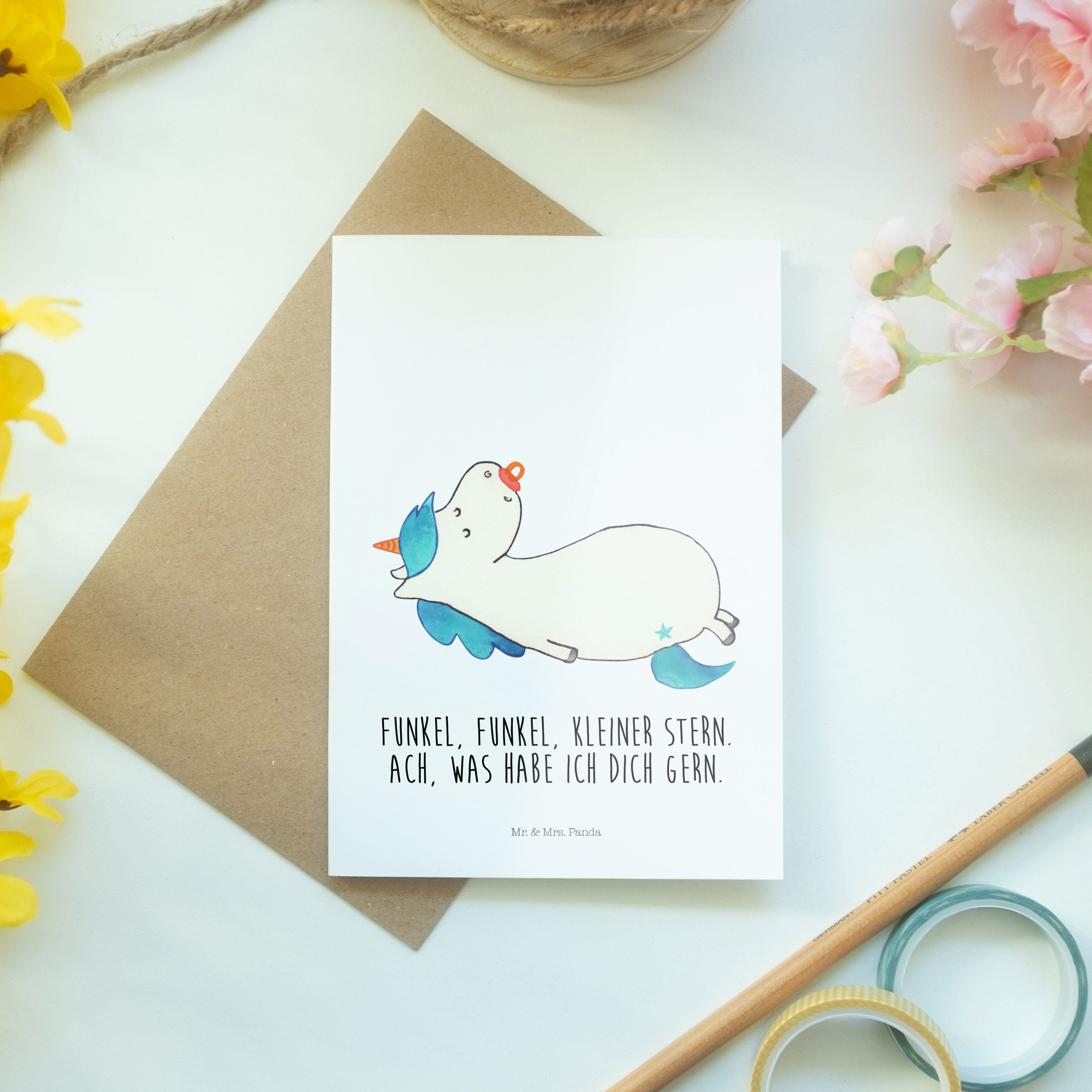 Mrs. Weiß - & Geburtstagskarte - Unicorn, Einhorn Schnullie Geschenk, Panda Mr. Baby, Grußkarte