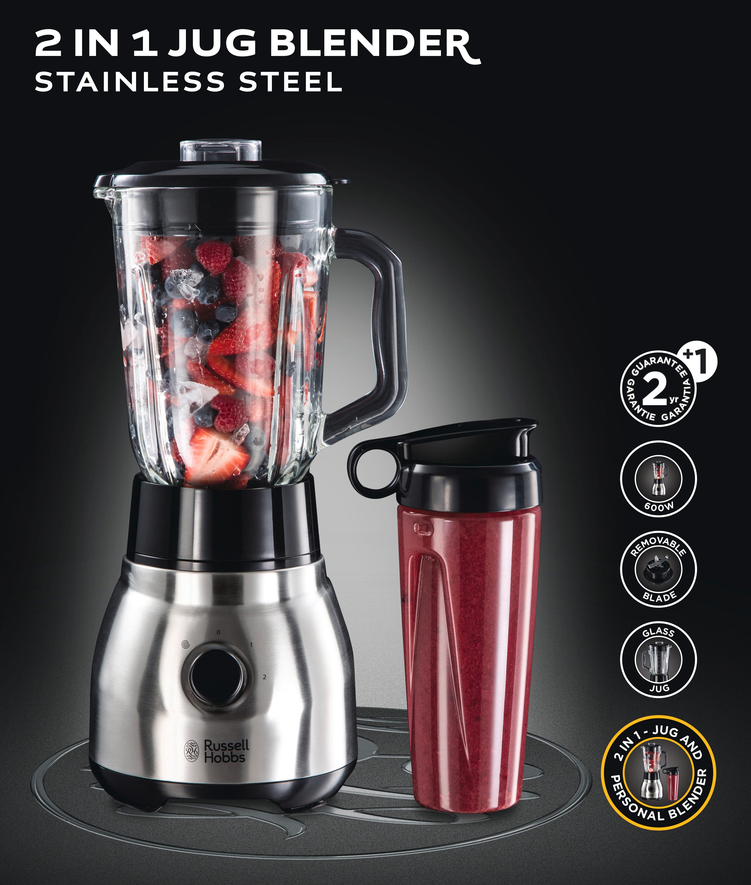RUSSELL HOBBS Standmixer 2-in-1 Glas- 23821-56, Edelstahl, 600 W, vollautom. Standmixer mit Kochfunktion, Smoothie, 8 Programme