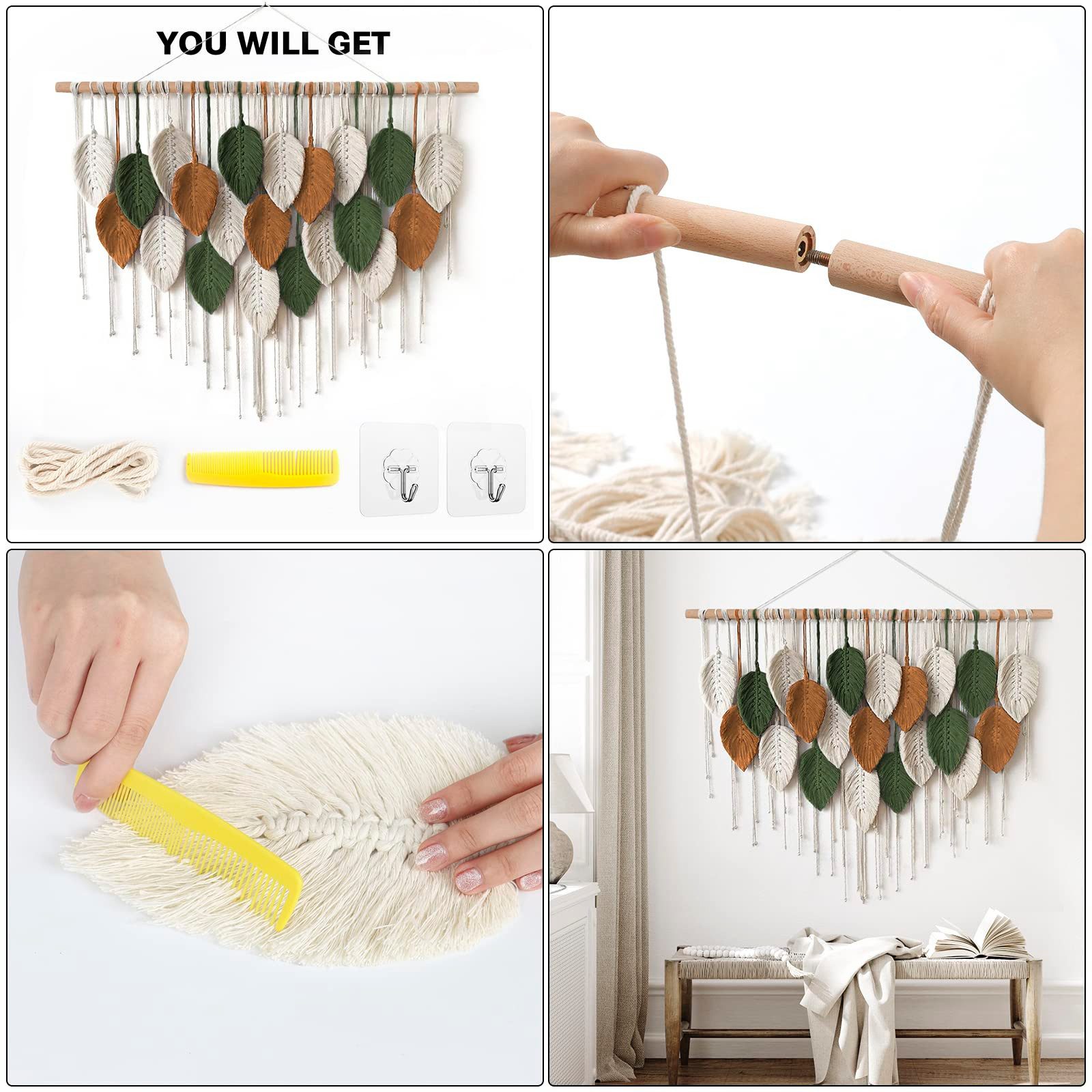 Agger Wanddekoobjekt Großer Wandbehang Wandteppich, Boho Makramee Gewebte Handgemachte, Quaste Blatt Tapisserie Böhmische Wandkunst Dekor – Bild 5 von 5