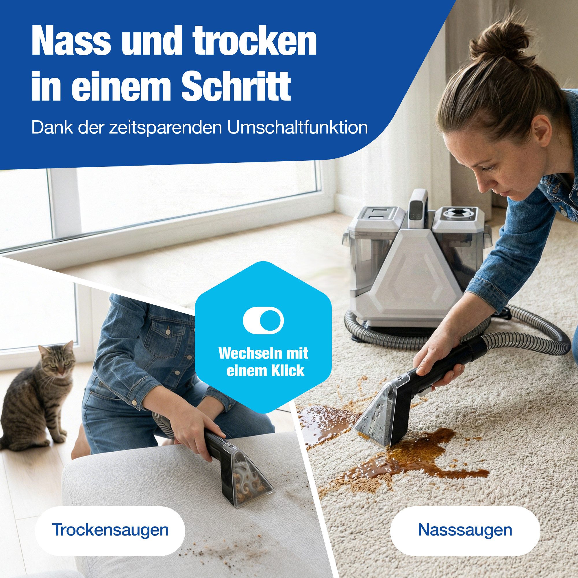 NTG Teppichreinigungsgerät, Tragbarer Nass- & Trockensauger, Polsterreiniger Gerät, 550 W, beutellos, Tiefenreinigung bis 60 °C