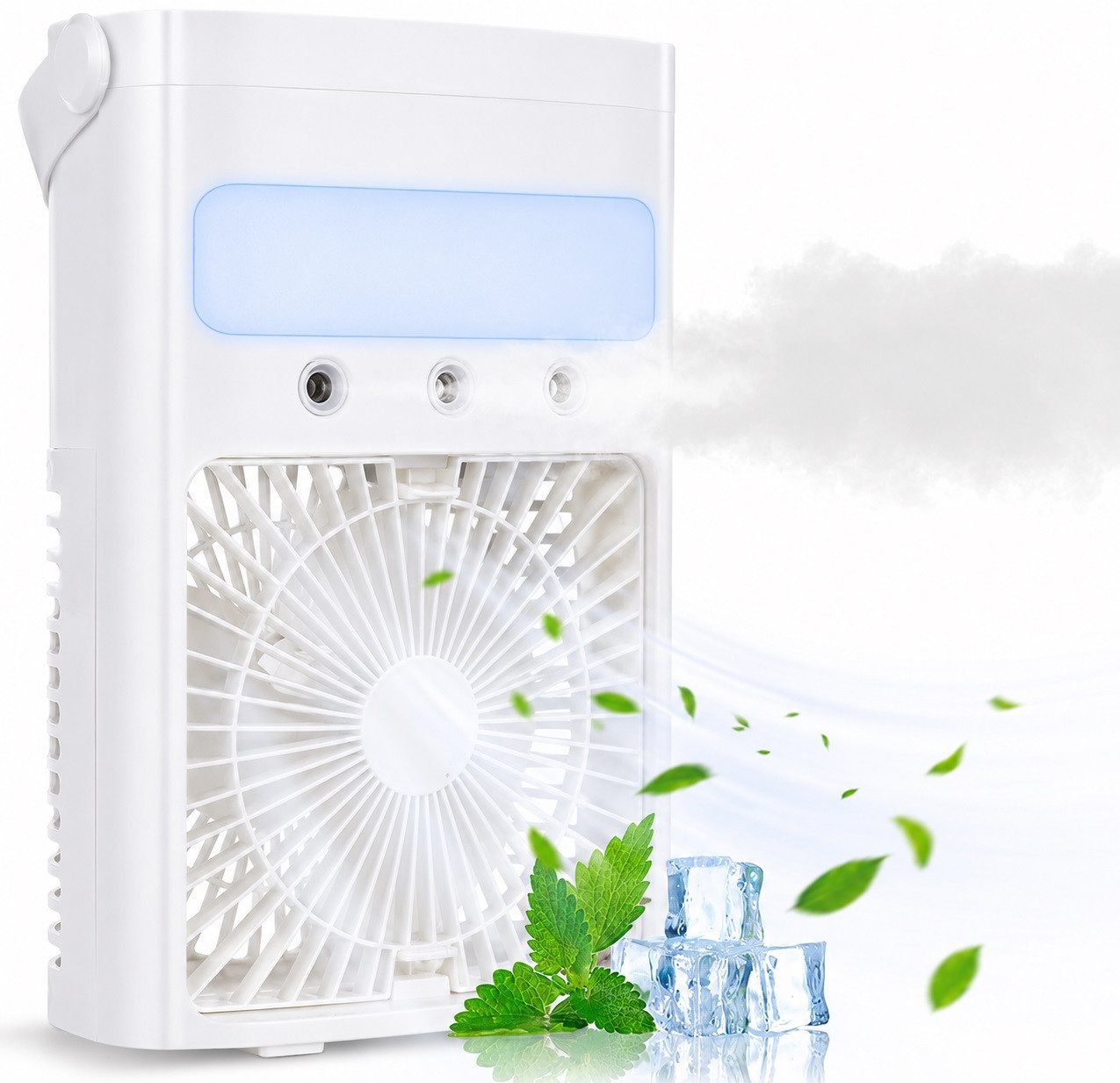 MOPUEA Ventilatorkombigerät Klimaanlage Mobil, Tragbarer Kühlventilator, 700 ml Luftkühler, mit 7-farbigem LED-Licht, 2/4 Stunden-Timer, 3 Windgeschwindigkeiten