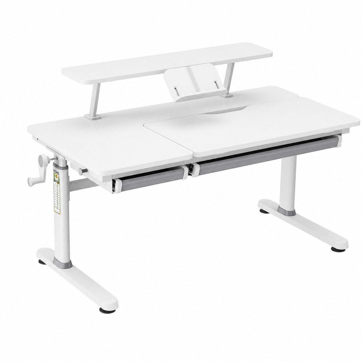 HOKO Kinderschreibtisch höhenverstellbar mit 90x20 cm Aufsatz (Schreibtisch-Set, Tisch mit 2 Schubladen und neigbarer Tischplatte, 1-St., Aufsatz mit Klemmmontage, Aufsatz mit Buchstütze), 120x60 cm Arbeitsfläche, für Kinder ab 6 Jahren, Weiß, ELIN & JONA