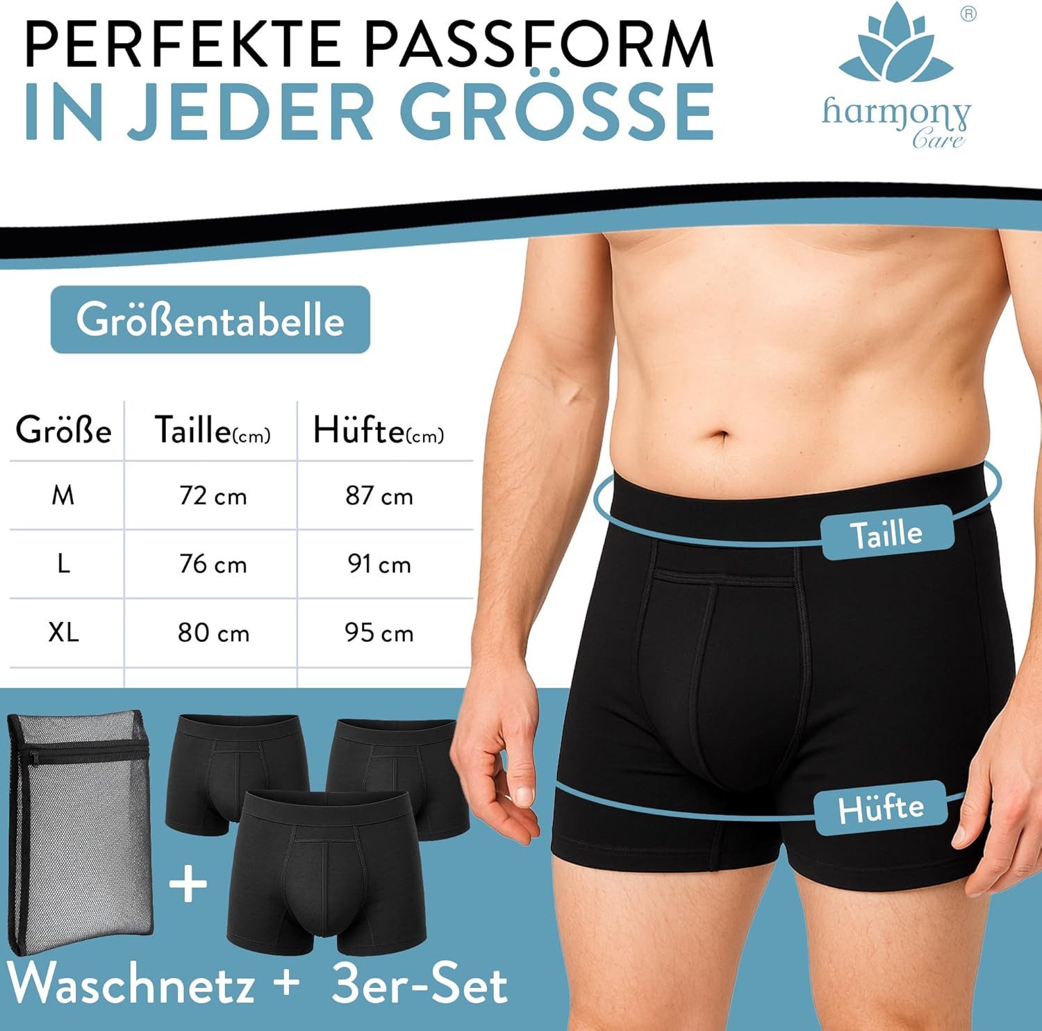 Harmony Care Inkontinenzboxer Premium waschbare Inkontinenz Pants Männer inkl. Waschnetz (1-er oder 3-er Set, 1-St., Inkontinenz Schutzhose, Inkontinenz Boxersh – Bild 4 von 5