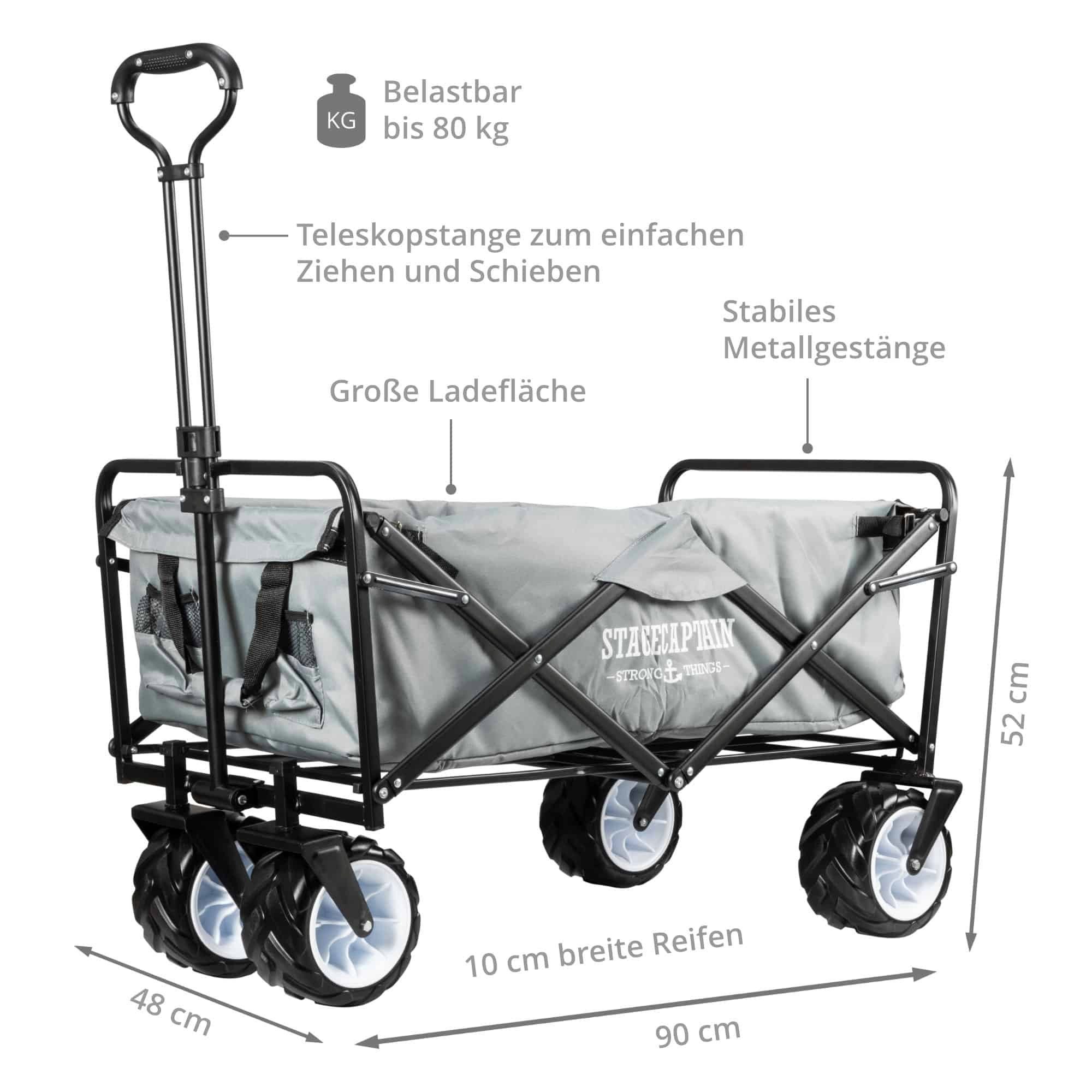 große Dach Bollerwagen Handwagen Reifen Bollerwagen faltbar Bollycart-907 zusammenklappbar Stagecaptain Grau breiten, ohne mit 80kg,