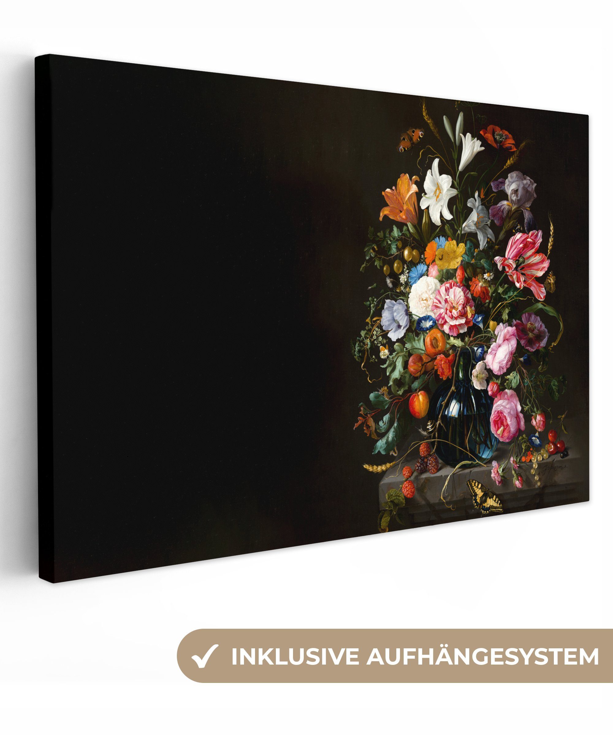 OneMillionCanvasses® Leinwandbild Alte Meister - Kunst - Vase mit Blumen - Jan Davidsz de Heem, Fotodruck (1 St), Leinwand Bilder Klein, Wand Dekoration Aesthetic 30x20 cm