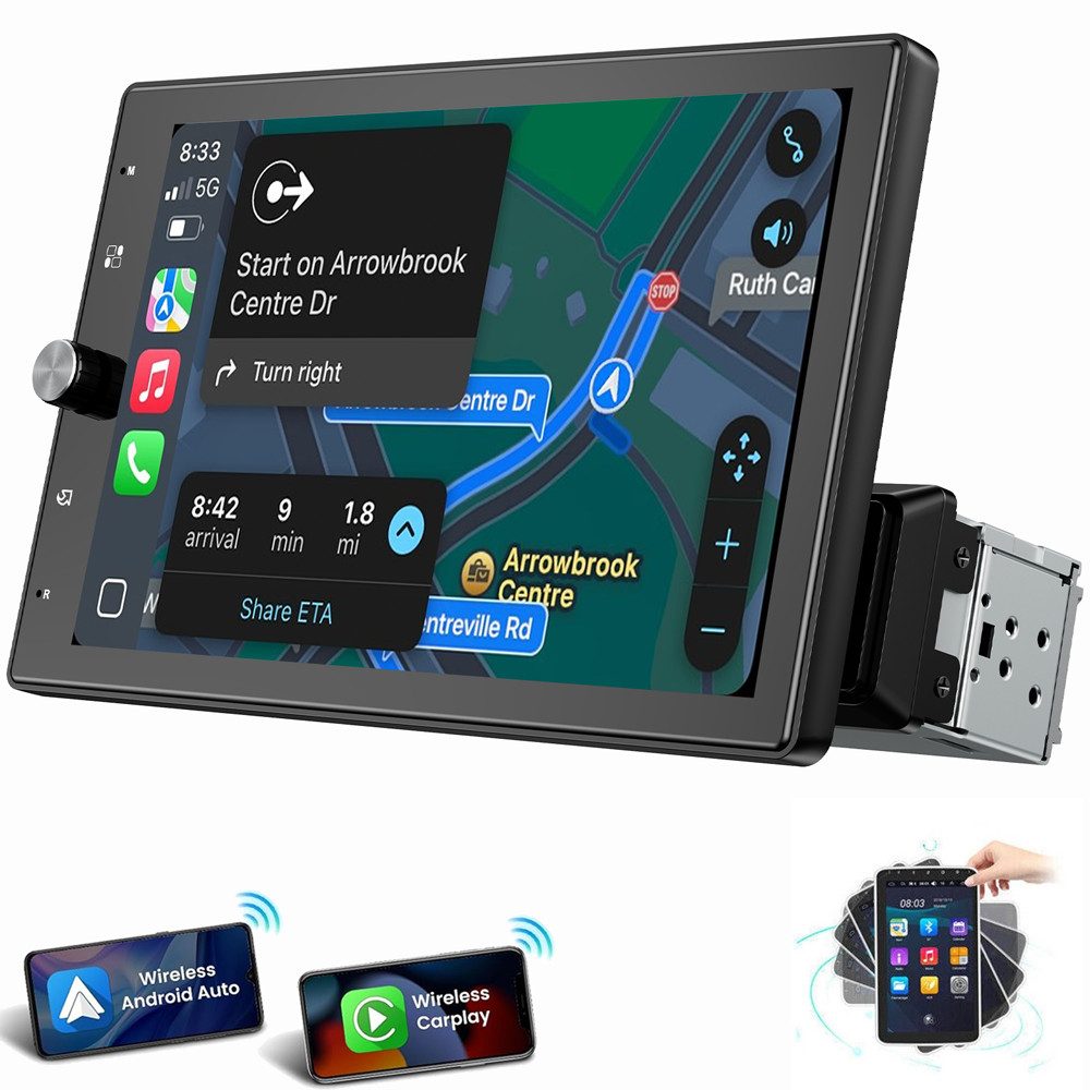 ESSGOO 10.4" 1DIN Autoradio CarPlay Android Auto Drehbarer Bildschirm Autoradio (RDS, AUX, FM, Single DIN, Wireless Carplay Android Auto Navi Bluetooth EQ)