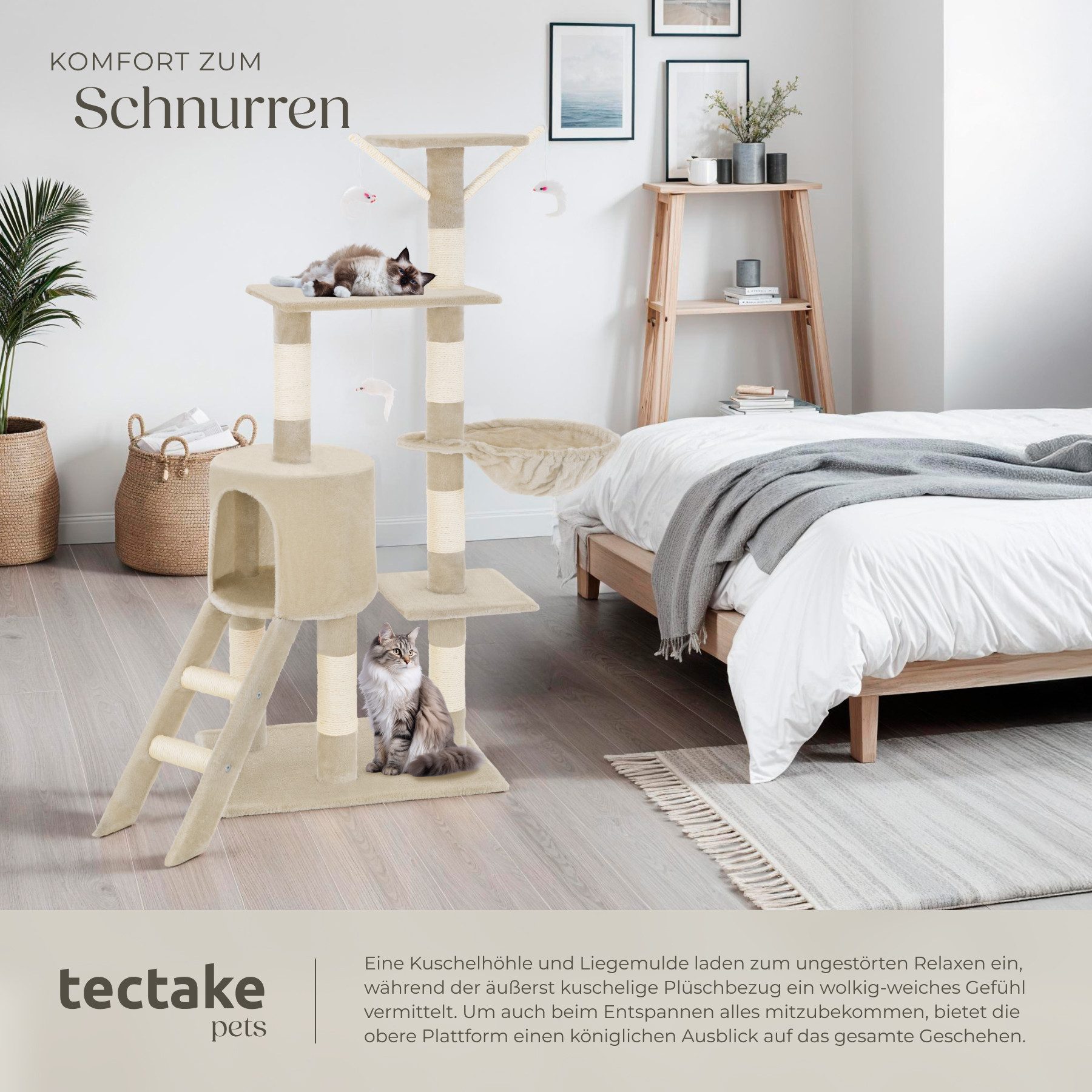 tectake Kratzbaum Katzenbaum Dominik 144 cm Diverse Farben Beige, Vielseitig mit robusten Sisalstangen und Plüschoberfläche