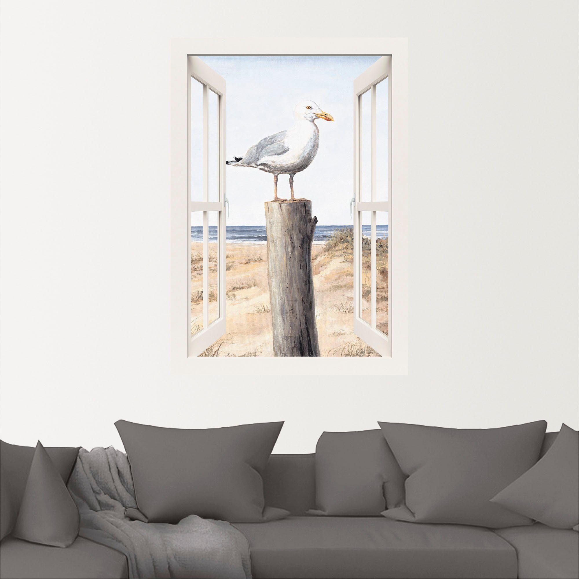 Artland Wandbild Möwe Vogelbilder Fensterblick, oder versch. als Poster Alubild, Leinwandbild, in Wandaufkleber St), Größen (1