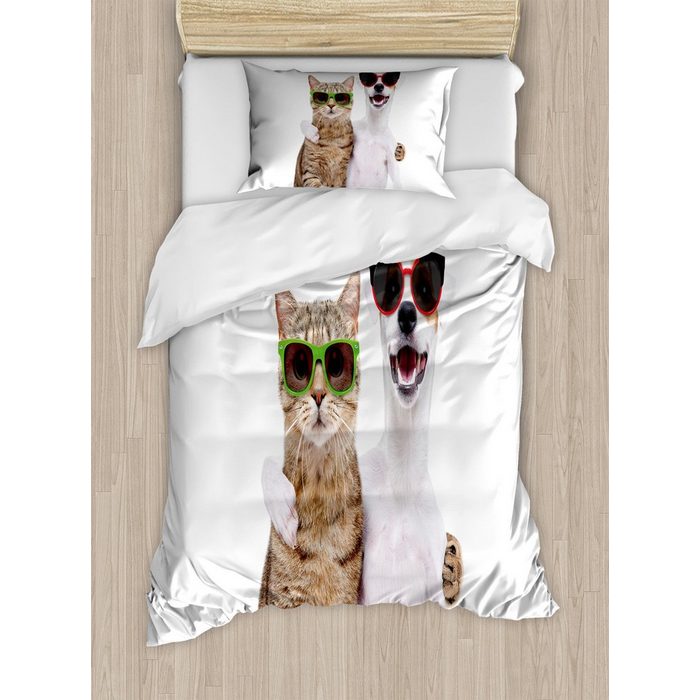 Bettwäsche Top Qualität Weich und Warm 3 Teiligen Bettbezug mit 1 Kissenbezüge Abakuhaus Microfaser Süße Katze Katze und Hund in den Sonnenbrillen