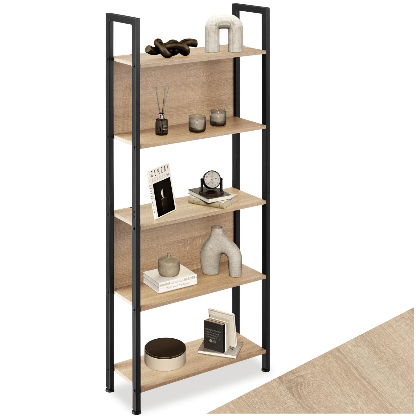 tectake Bücherregal Standregal, inklusive Kippschutz, 62 x 24 x 165,5 cm, Holzregal Westport 1-tlg., 5 Ebenen, 2 Rückwände, mit höhenverstellbaren Kunststofffüßen