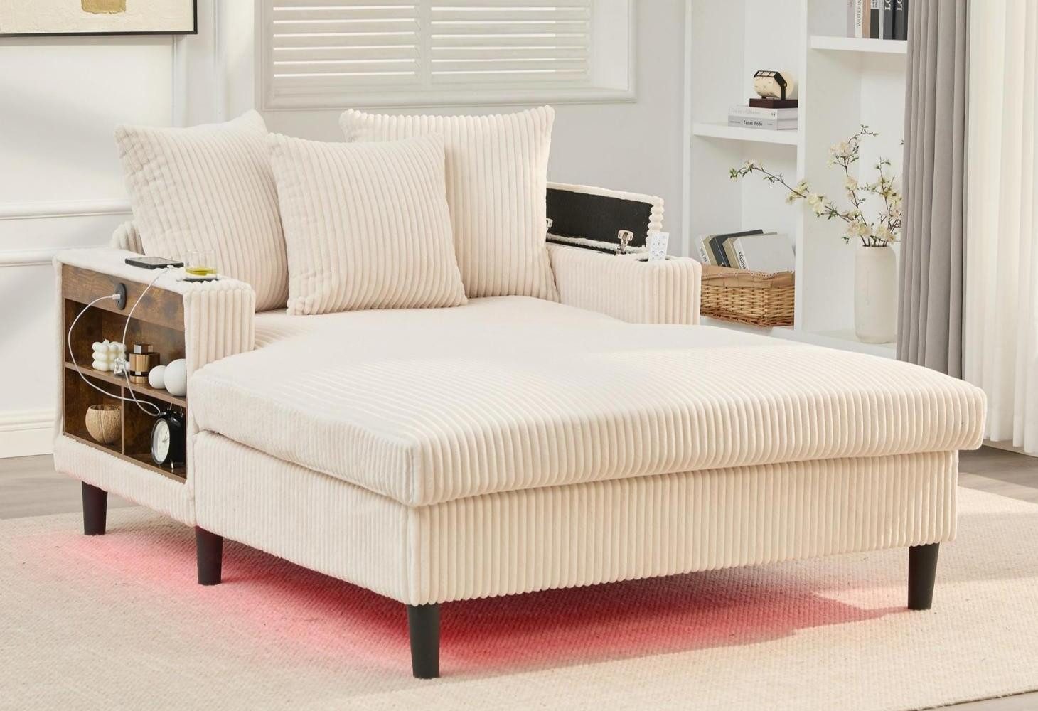 LVHOM Polsterliege XXL Relaxsessel mit LED-Licht & Ladestation - Haustierfreundlich (3 abnehmbare Kissen, große Seitentaschen, USB/Typ-C-Ladeanschlüssen, Getränkehalter, Großer Chaiselongue-Sessel, Ottomane in kratzfestem Cordstoff), Ergonomische Polsterung für Wohnzimmer, Büro oder Wintergarten