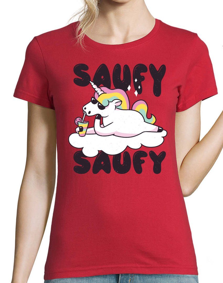 SAUFY Einhorn Spruch Youth Aufdruck SAUFY Fun-Look Damen mit Designz und Print-Shirt Rot T-Shirt Unicorn lustigem