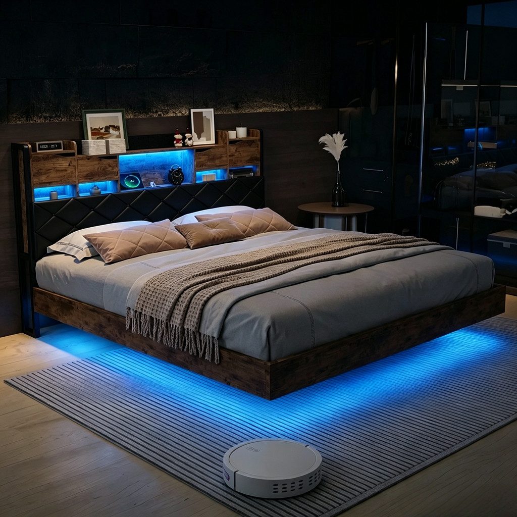 Simurq Polsterbett 140x200 cm Schwebebett mit LED-Beleuchtung und Ladestation Doppelbett (Funktionsbett 140x200 cm, ohne Matratze), Jugendbett, Metallbett mit Kopfteil, Schwebender visueller Effekt