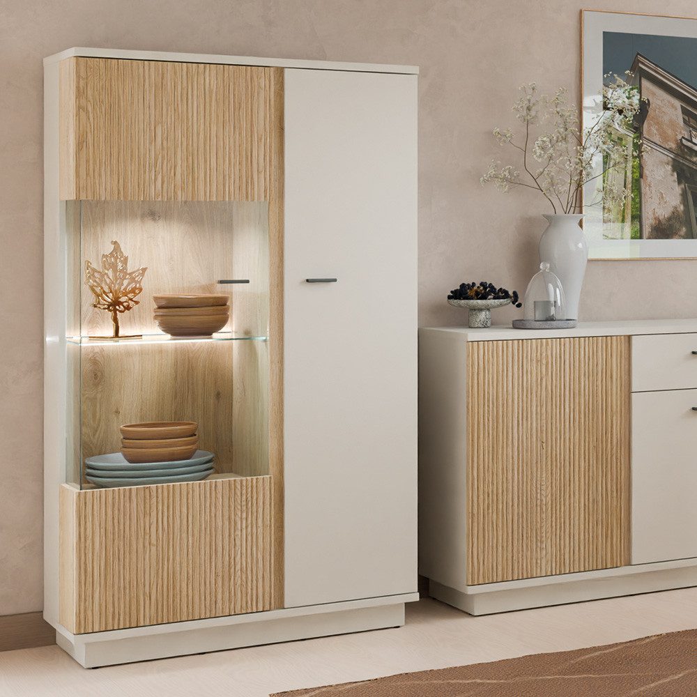 Lomadox Wohnzimmer-Set MOLINA-129, (Mega-Spar-Set, 5-St., Highboard Kommode Lowboard Vitrine Wandregal), Wohnzimmermöbel in Eiche & kaschmir mit Softclose & LED-Beleuchtung