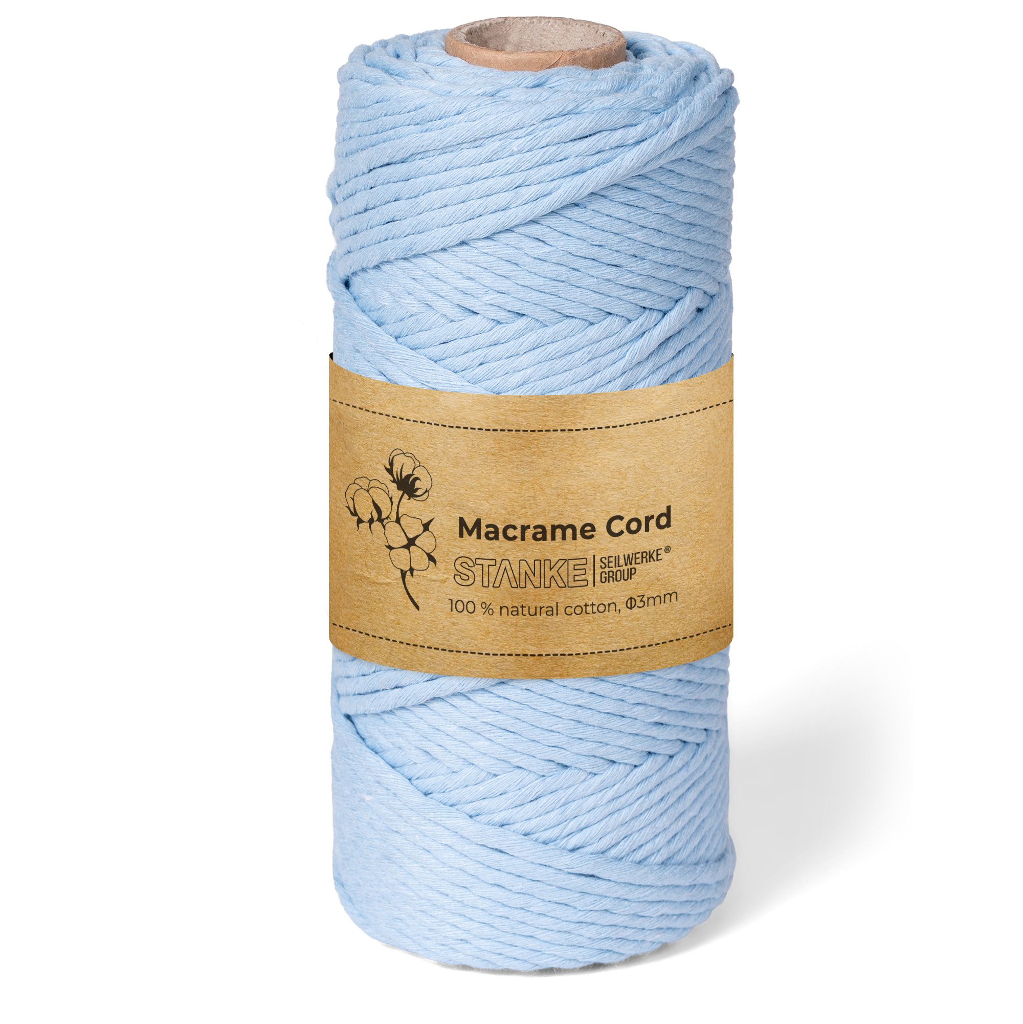 STANKE Bastelnaturmaterial Makramee Garn 3mm 100 m Farbe Hellblau - Baumwollgarn für Boho, (100m Rolle 1-tlg), DIY, Körbchen, Traumfängerfür Untersetzer, Taschen 100% Baumwolle